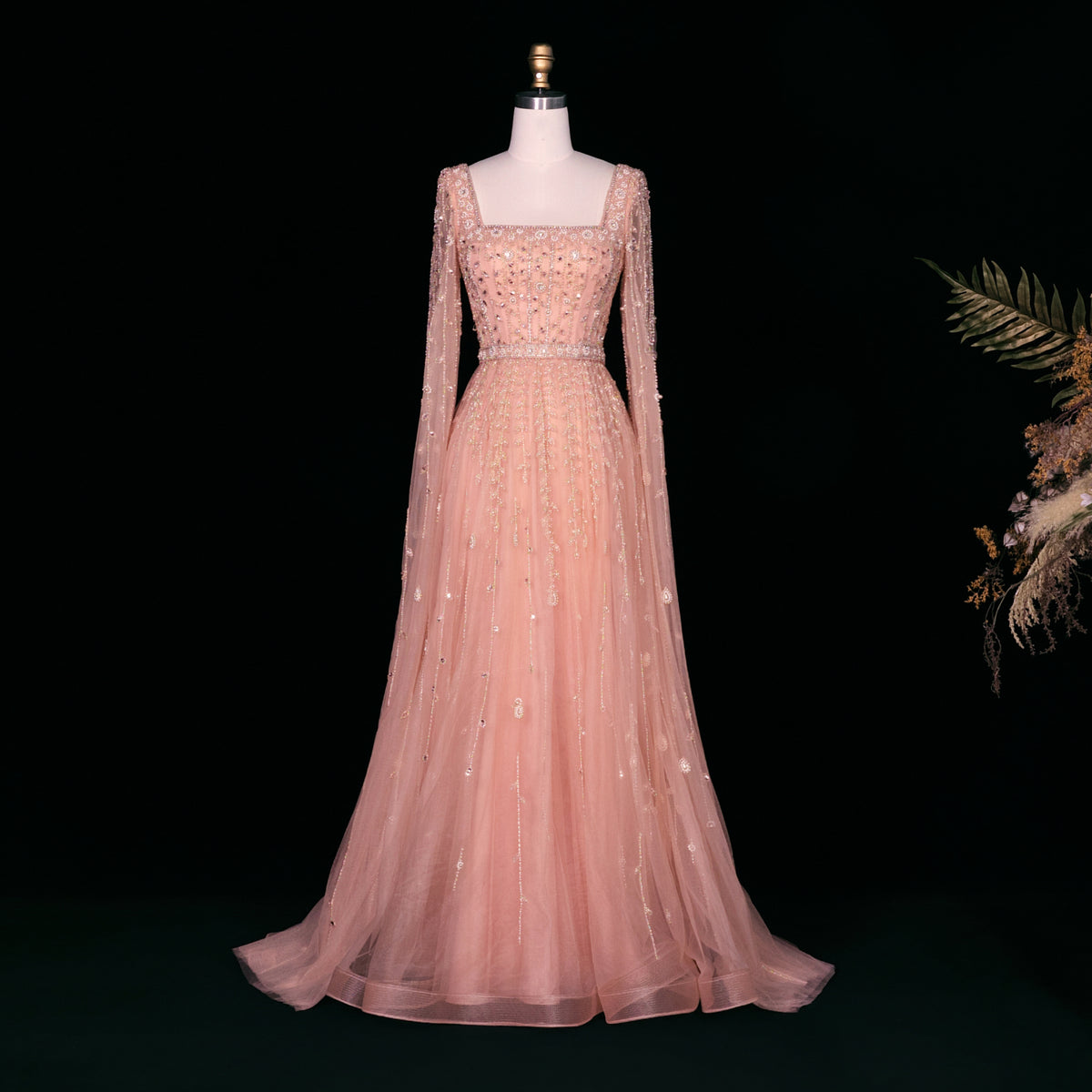 Luxury Beaded Pink Square Neck Cape Sleeves Evening Dress SS494