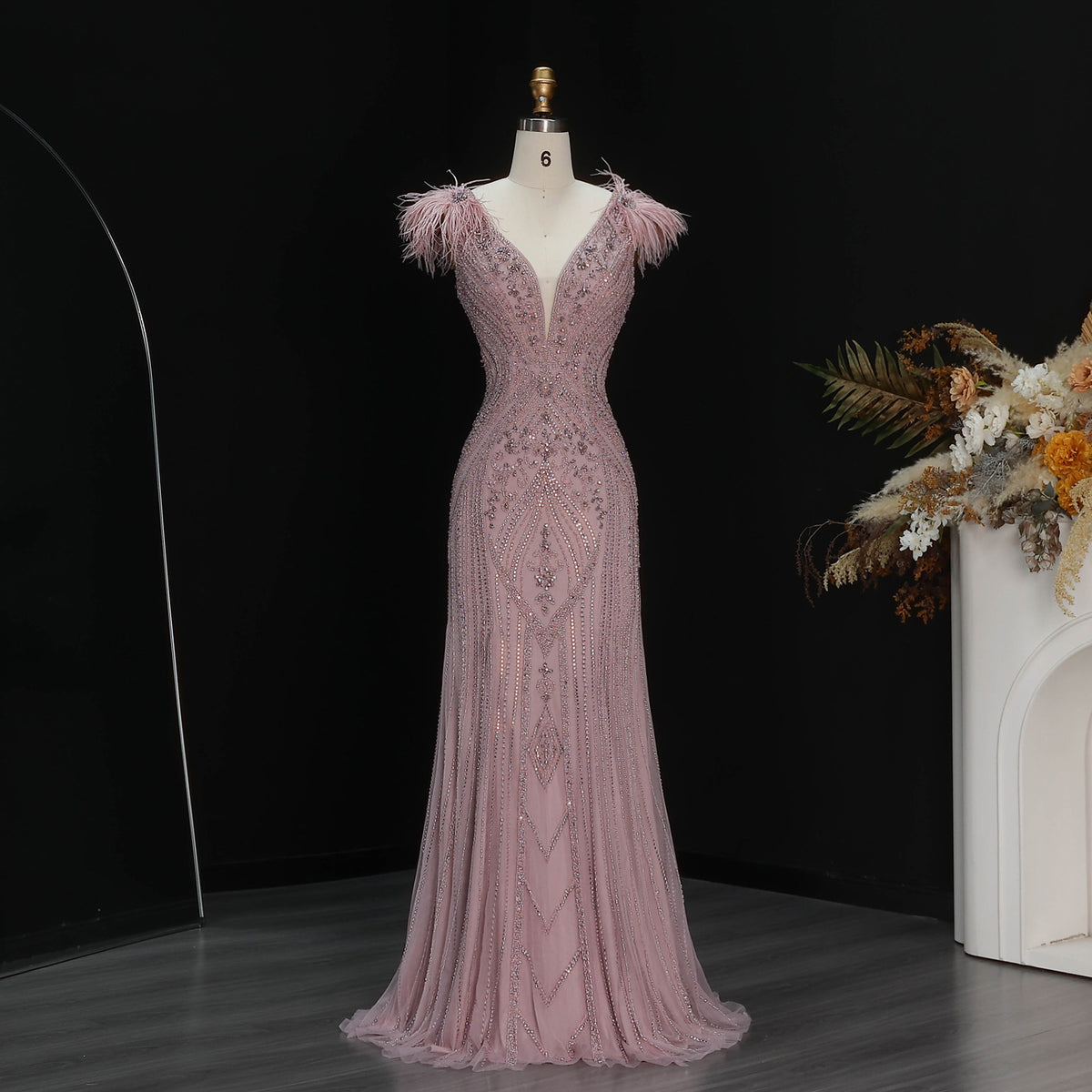 Luxury Pink V-Neck Feather Trim Beaded Mermaid Evening Dress SS122