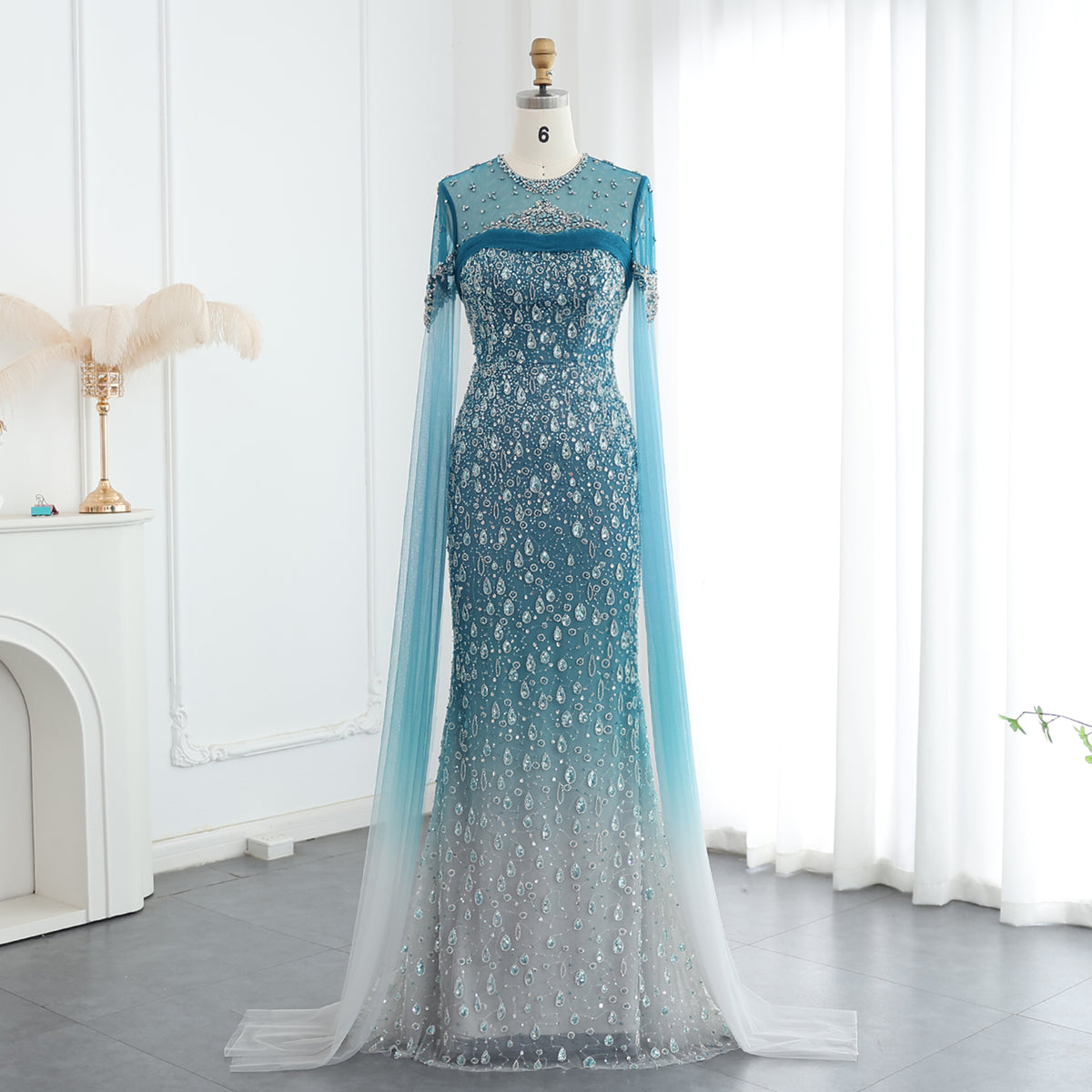 Luxury Green High Neck Cape Beaded Tulle Evening Dress