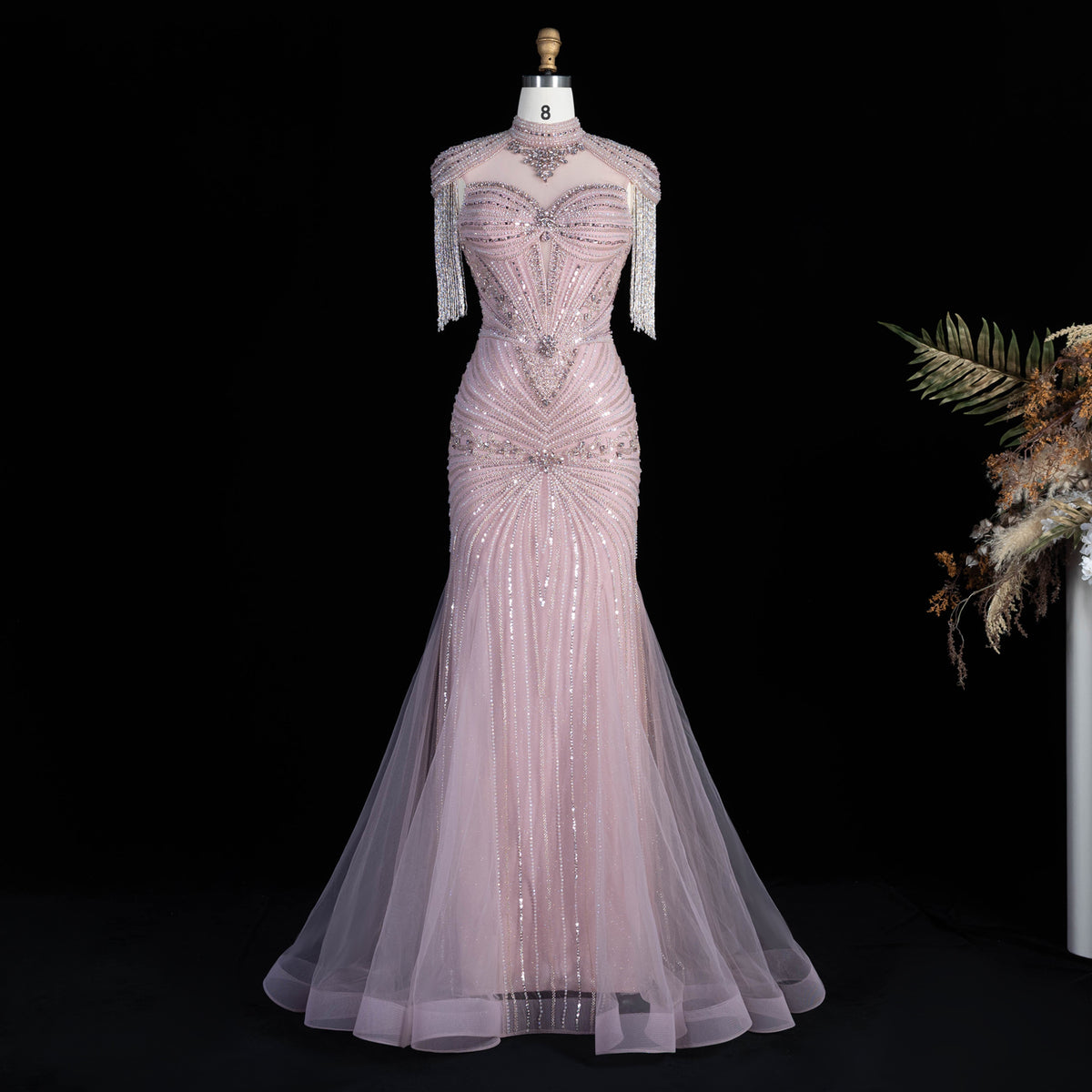 Luxury Blue Crystal Evening Dress with Shoulder Tassels SS190