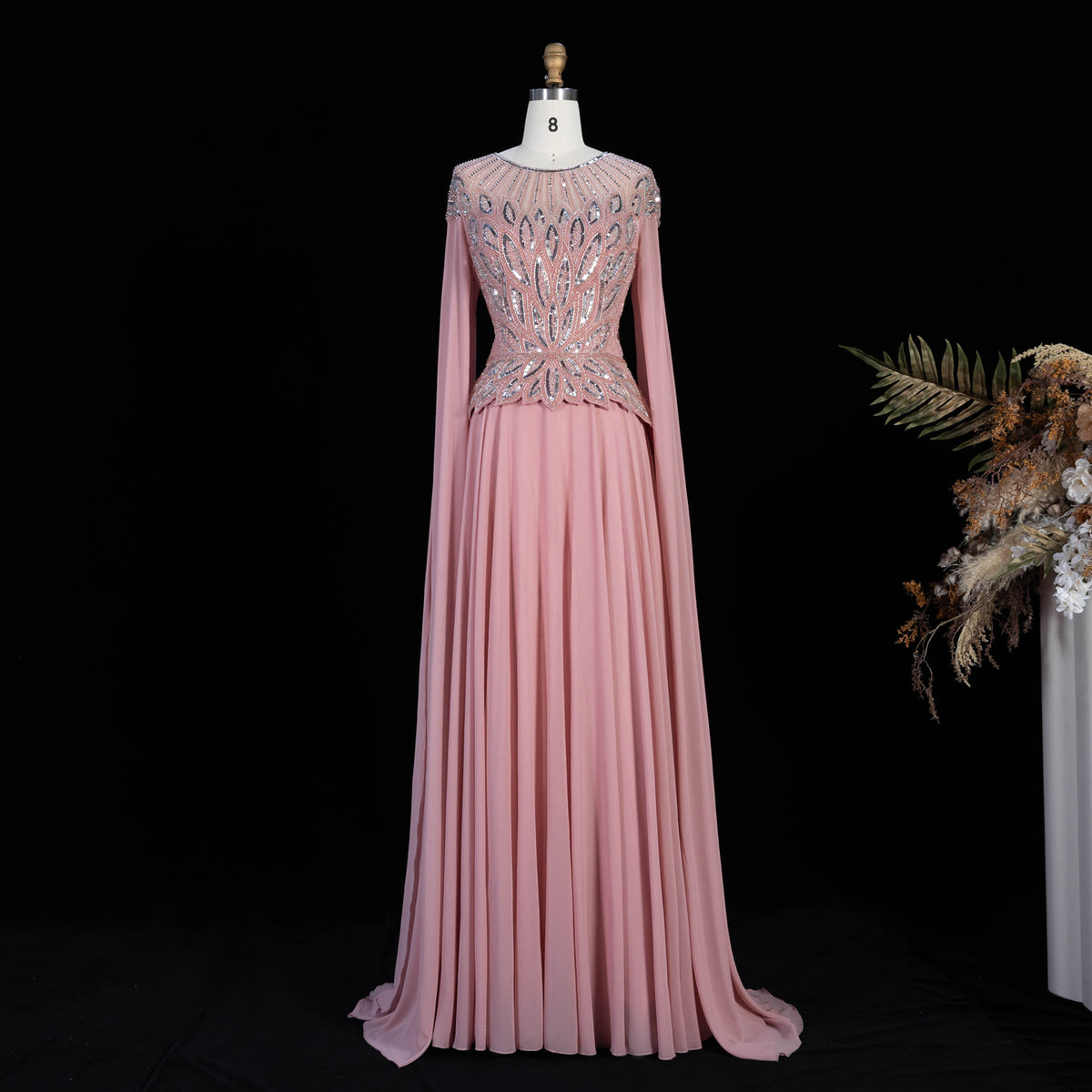 Regal Black Chiffon A-Line Beaded Formal Evening Dress with Cape Sleeves SS104