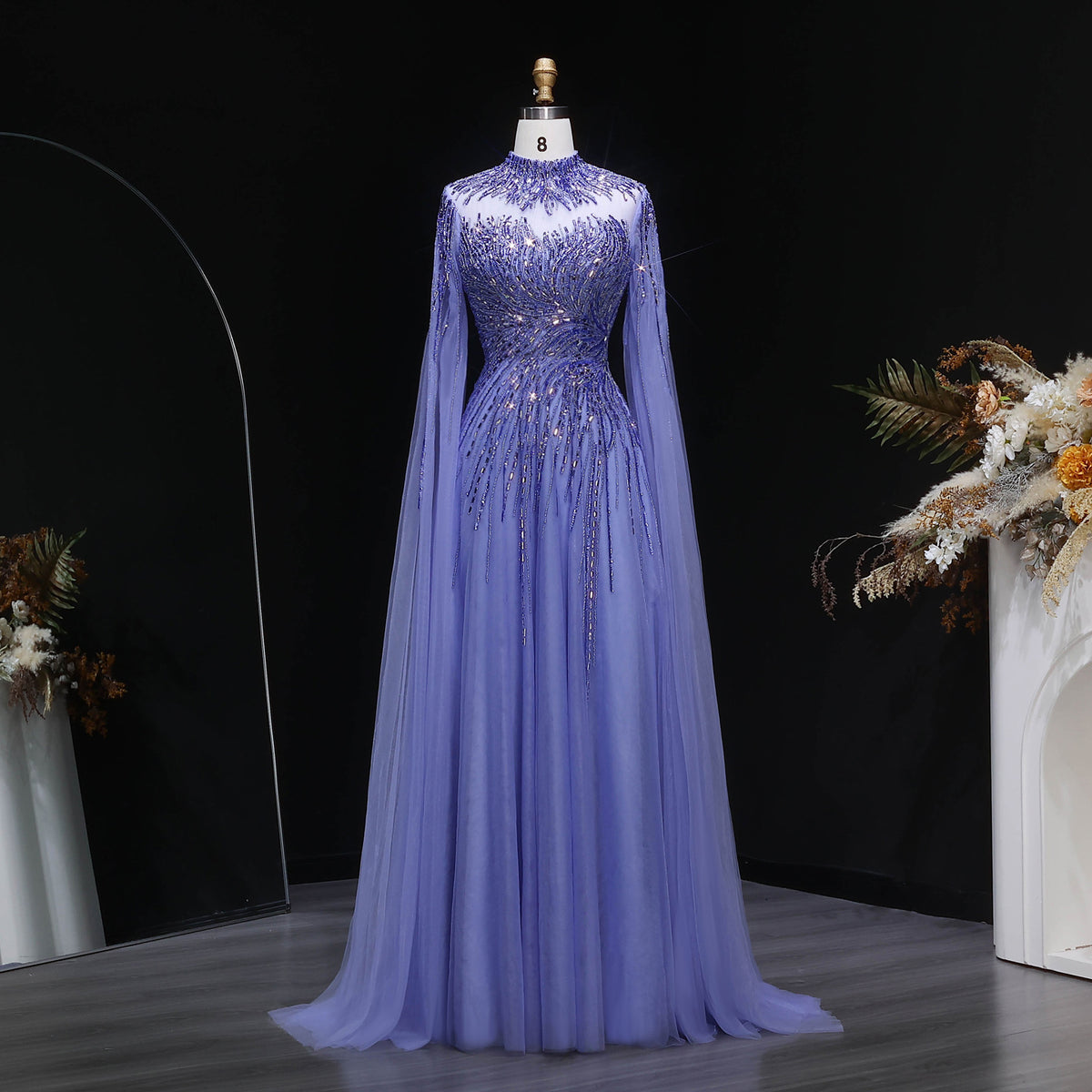 Elegant Blue High Neck Beaded Evening Dress with Cape Sleeve SS134