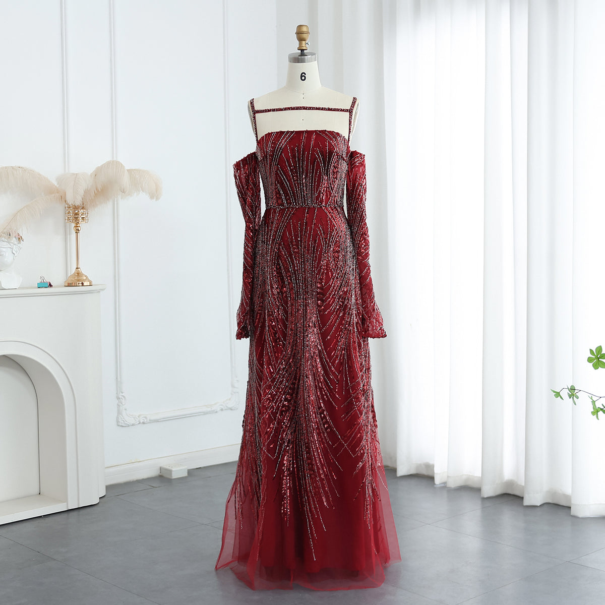 Elegant Beaded Navy Blue Evening Dress with Long Sleeves SS396L