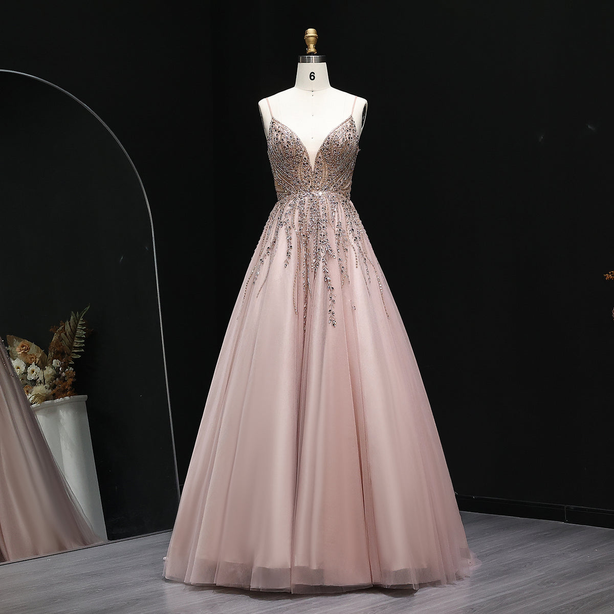 Pink Deep V-Neck Crystal Beaded A-Line Evening Dress