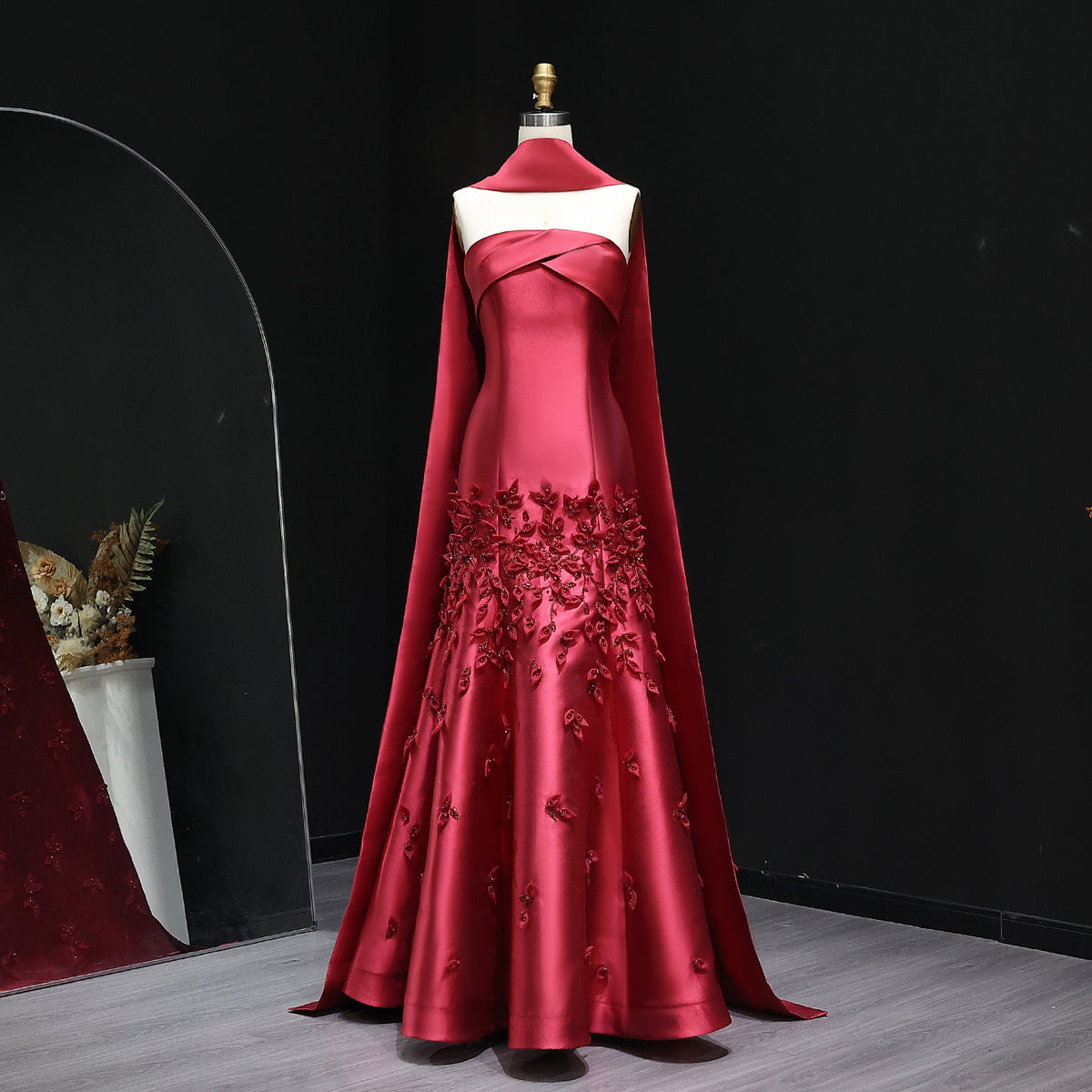 Luxury 3D Leaves Blush Pink Mermaid Evening Dress with Cape SS463