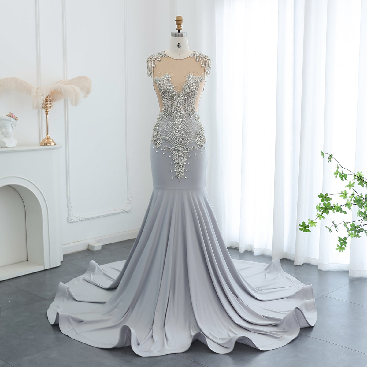 Luxury Crystal Royal Blue Mermaid Prom Dresses with Train RM057