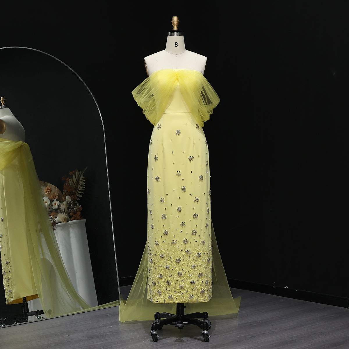 Luxury Yellow Beaded Crystal Evening Dress with Sheer Shawl XD018