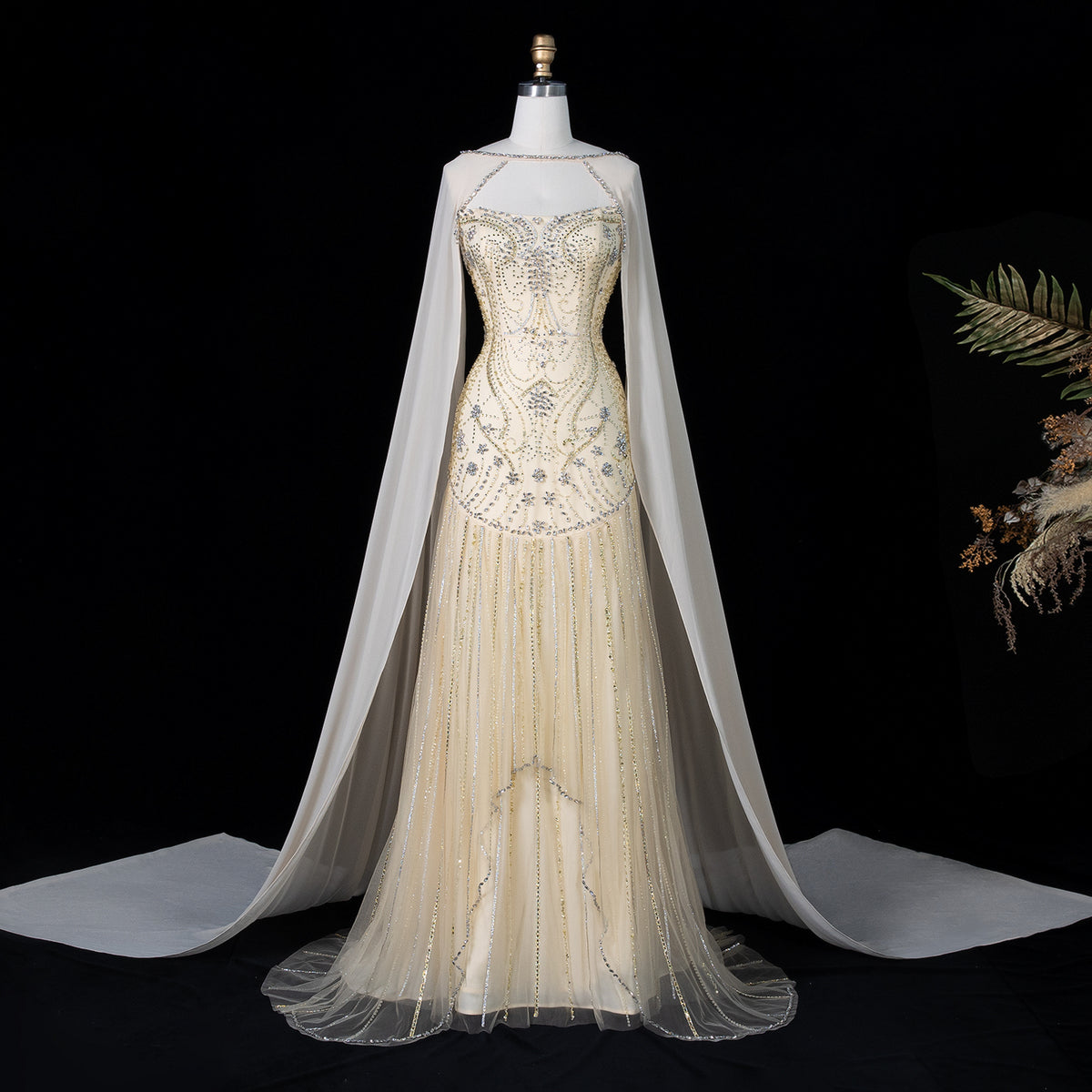 Luxury Yellow Long Sleeve Beaded Sequined Chiffon Evening Dress SS526