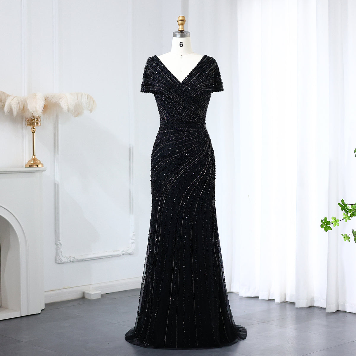 Luxury Silver Nude Mermaid Evening Dress with Cap Sleeves SS045