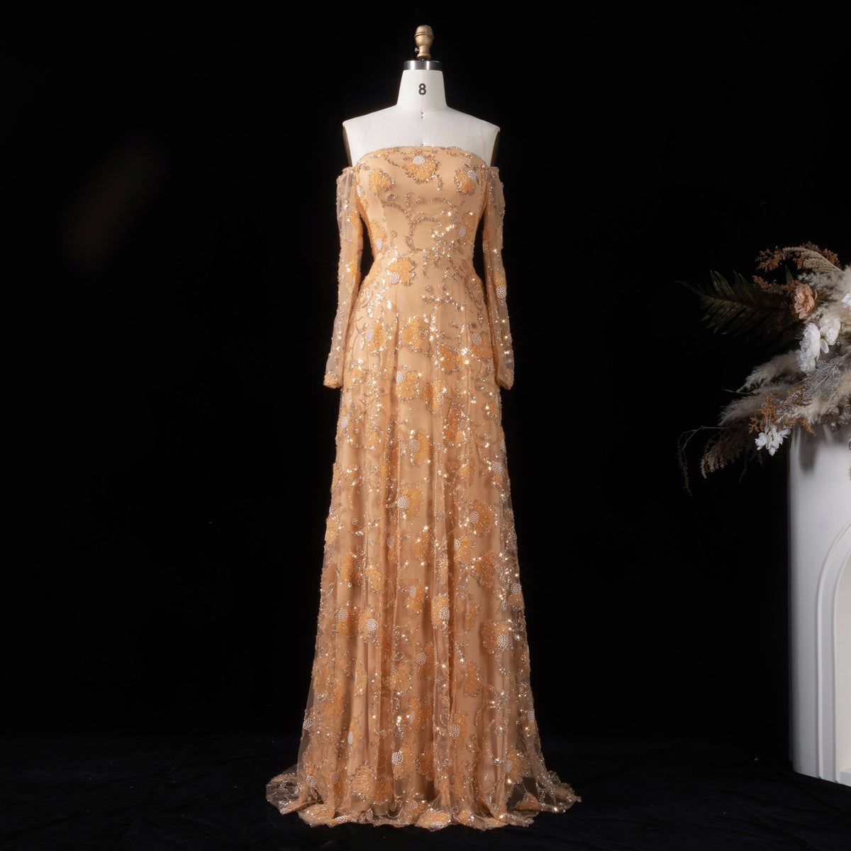 Elegant Pink Long Sleeve Beaded Embroidered Evening Dress SS638