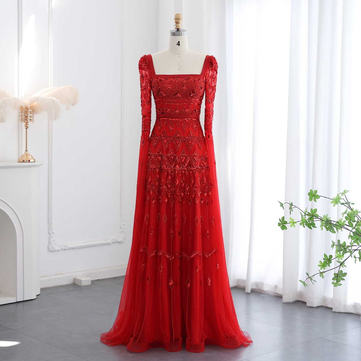 Luxury Wine Red Square Neck Evening Dress with Cape Sleeves SS461