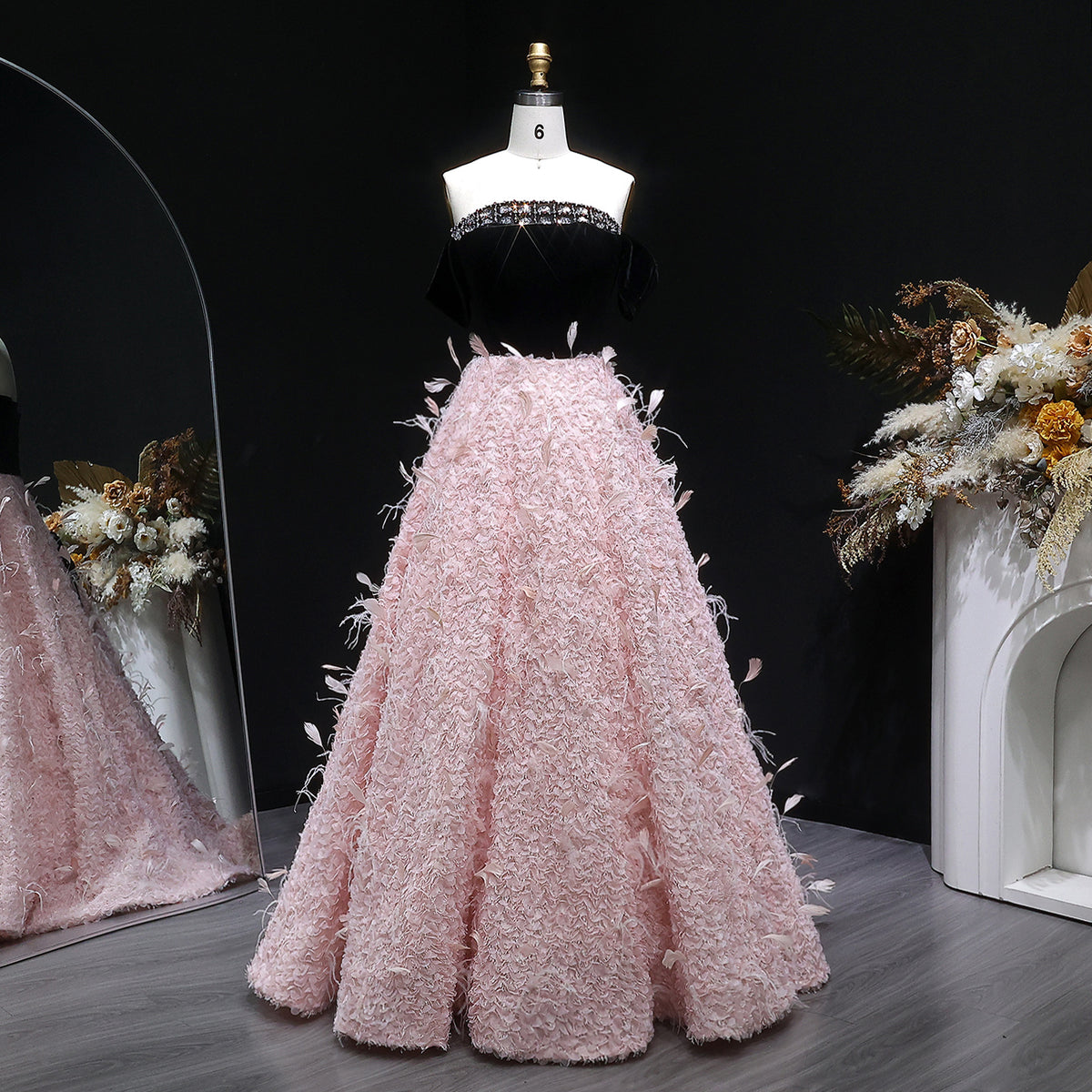 Black Velvet Pink Feather Off Shoulder Evening Dress