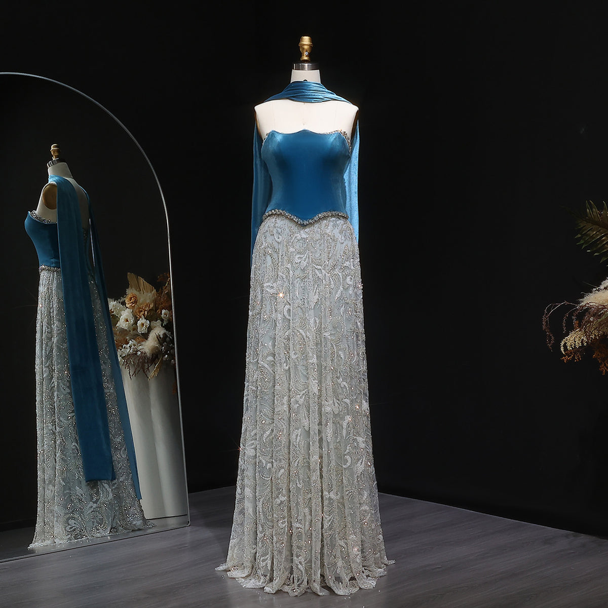 Luxury Beaded Blue Velvet Evening Dress with Scarf SS793