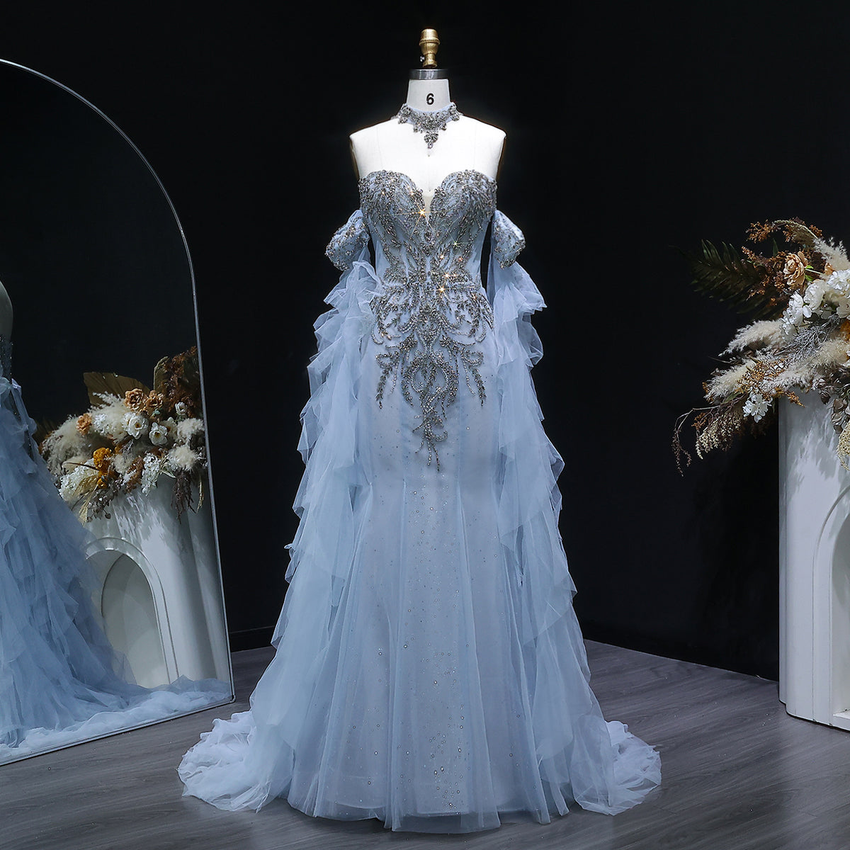 Exquisite Blue High Neck Off Shoulder Beaded Evening Dress