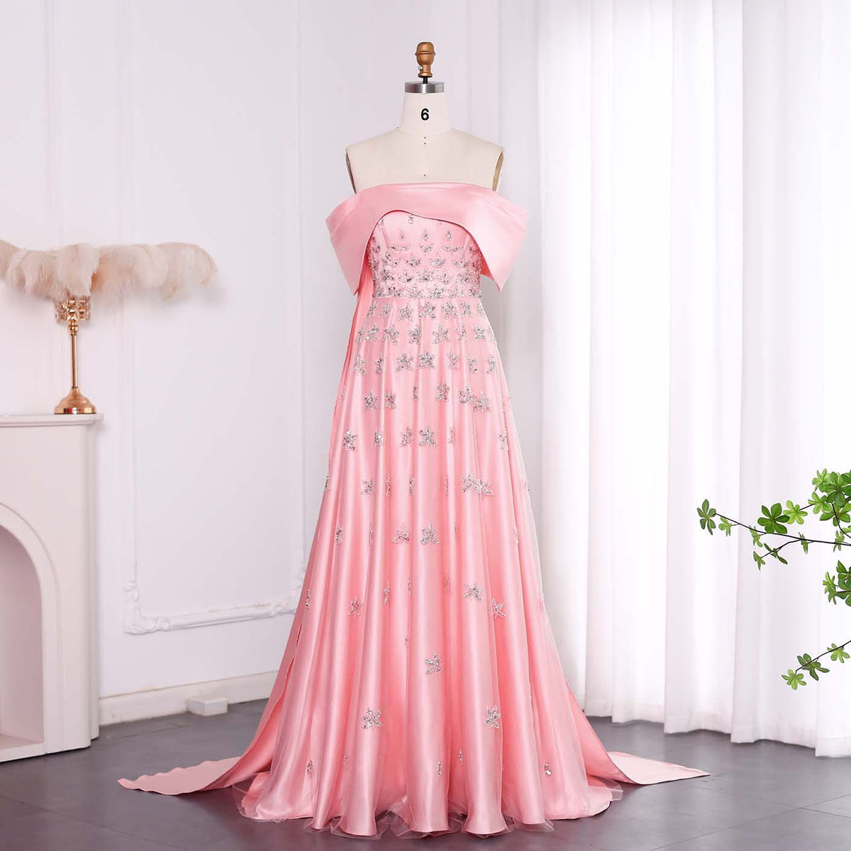 Elegant Beaded Yellow Satin Evening Dress with Cape SS455