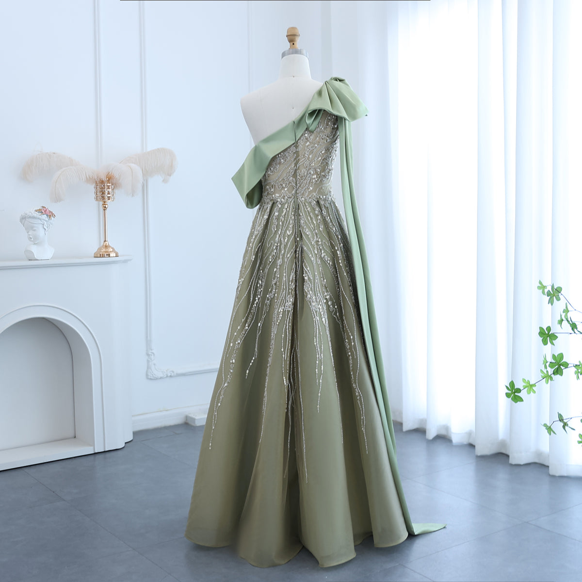 Luxury Olive Green One Shoulder Evening Dress with Cape Sleeves SS323
