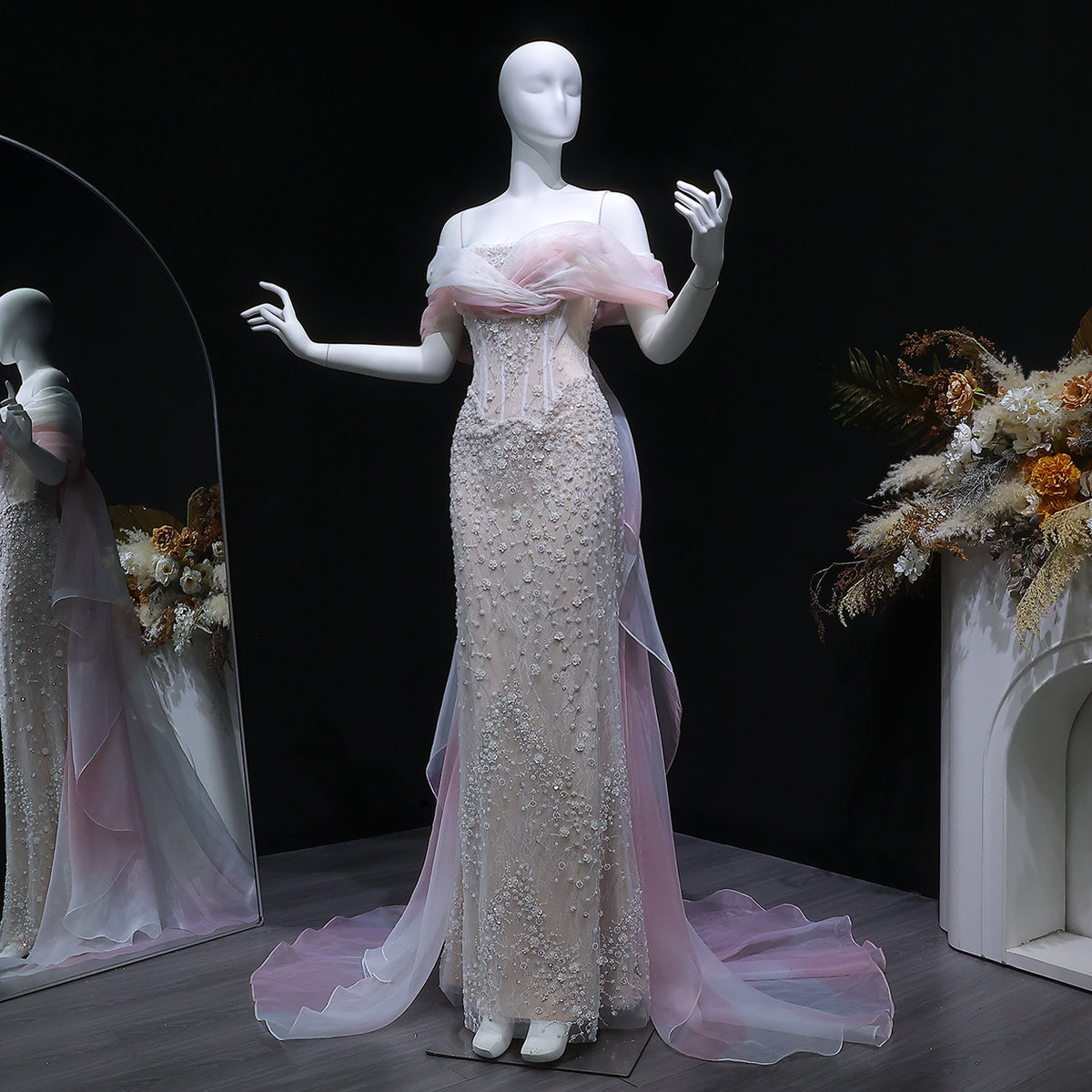 Elegant Blush Pink Draped Sequin Off-the-Shoulder Evening Dress SS519