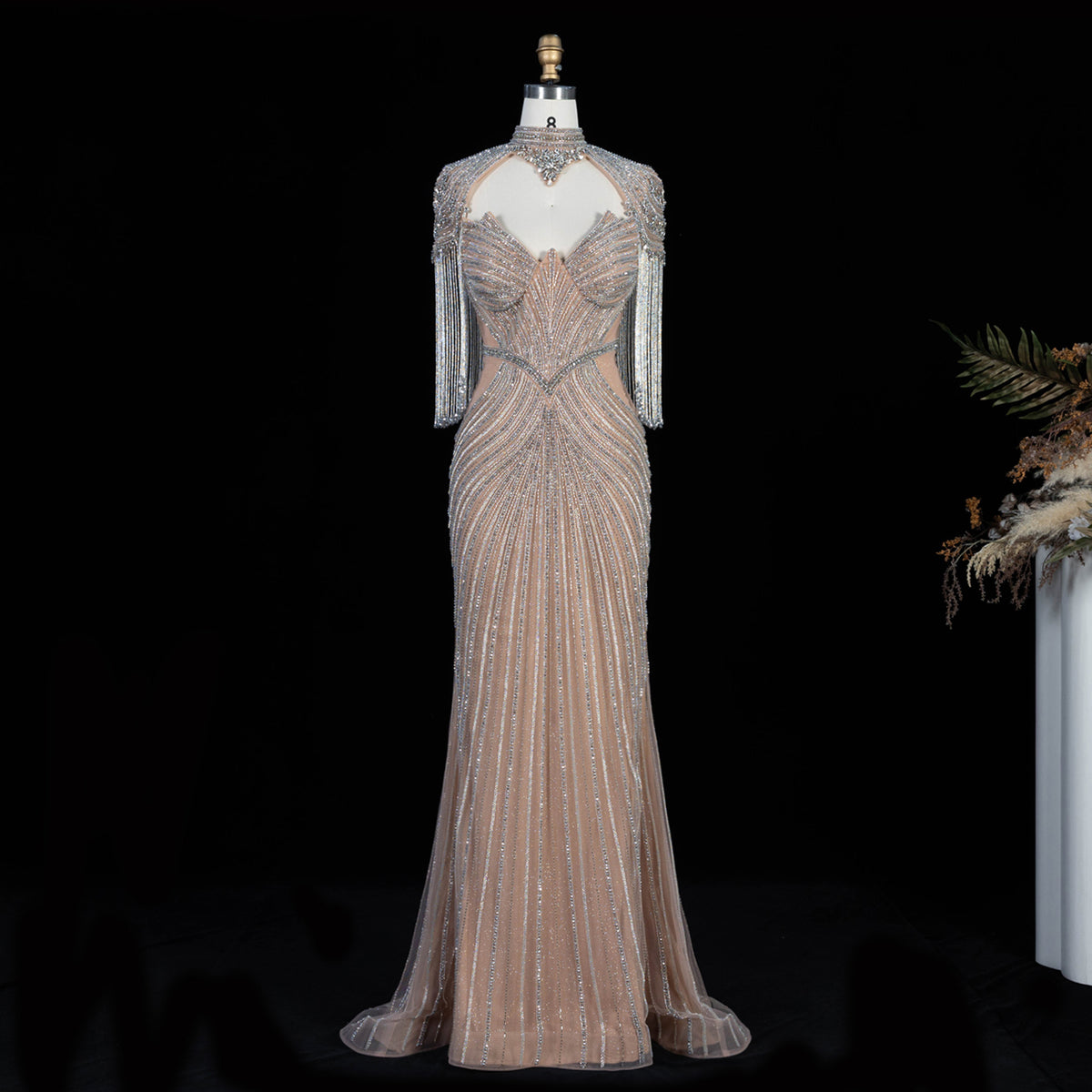 Luxury Pink High Neck Crystal Beaded Fringe Cape Mermaid Evening Dress SS067