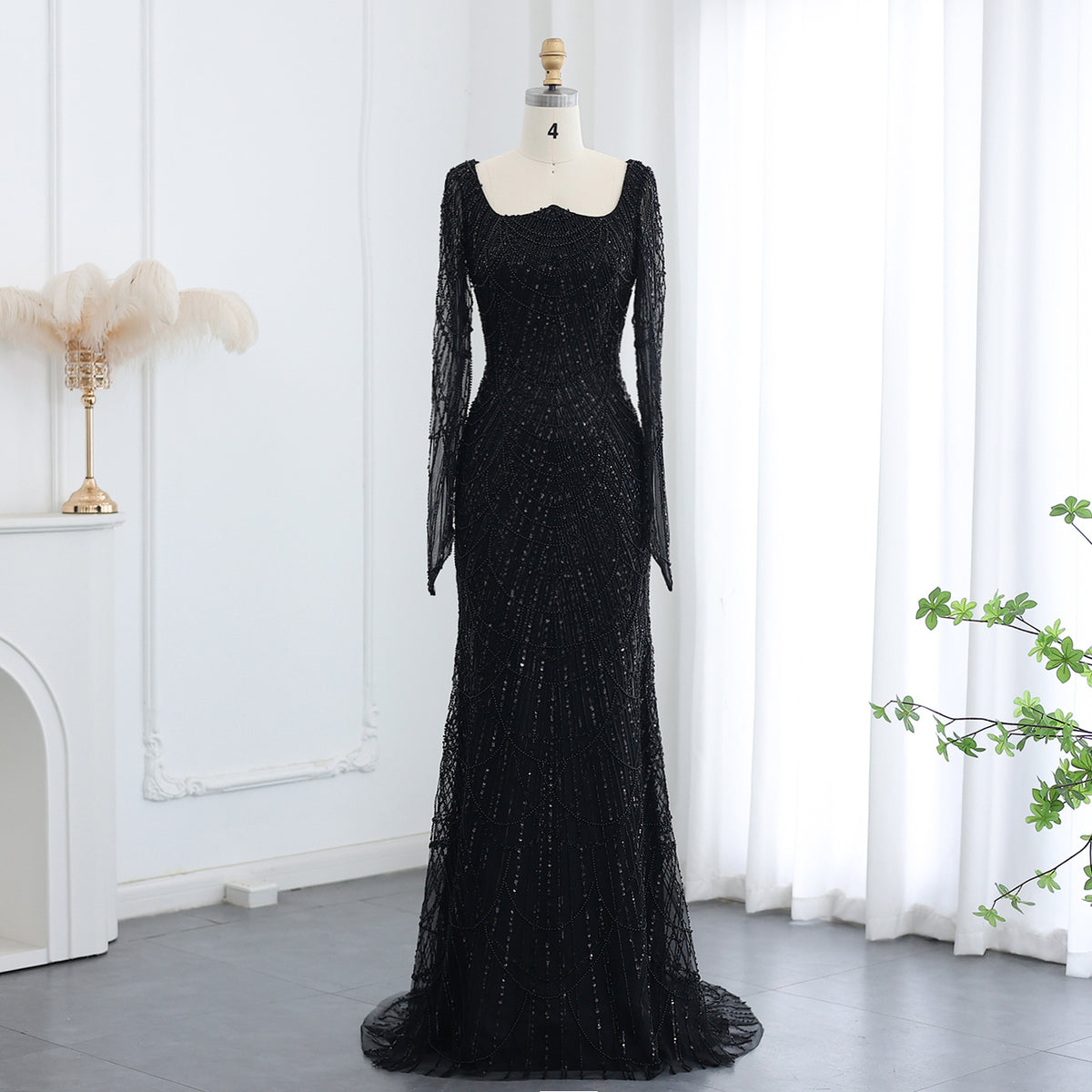 Luxury Black Square Neck Beaded Sequin Evening Dress