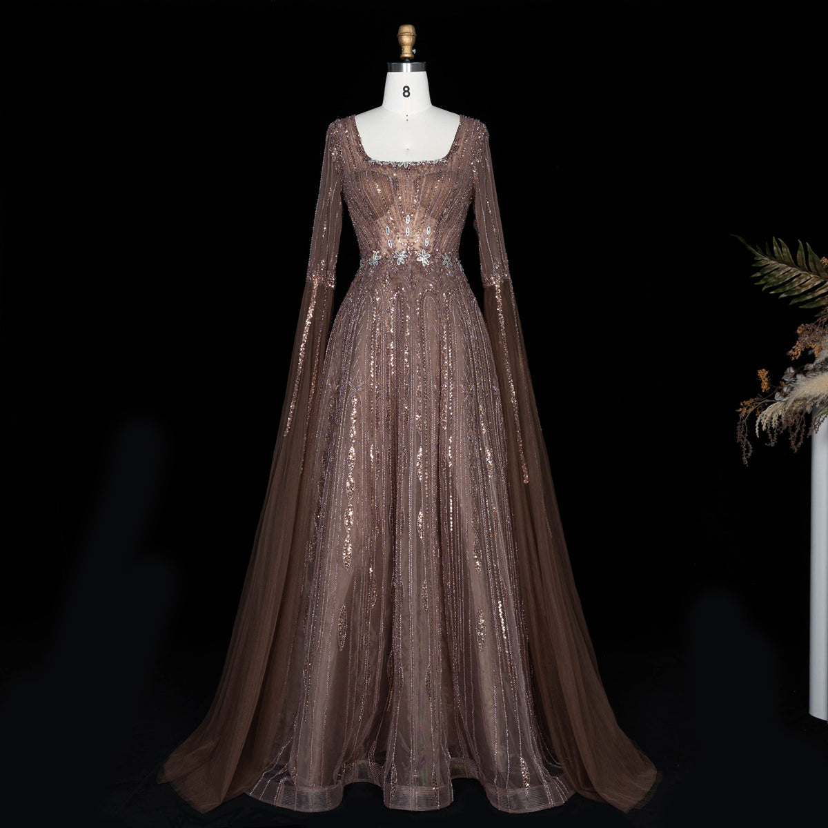 Vintage Square Beaded Sequined A-Line Evening Dress with Floor-Length Sleeves SS065