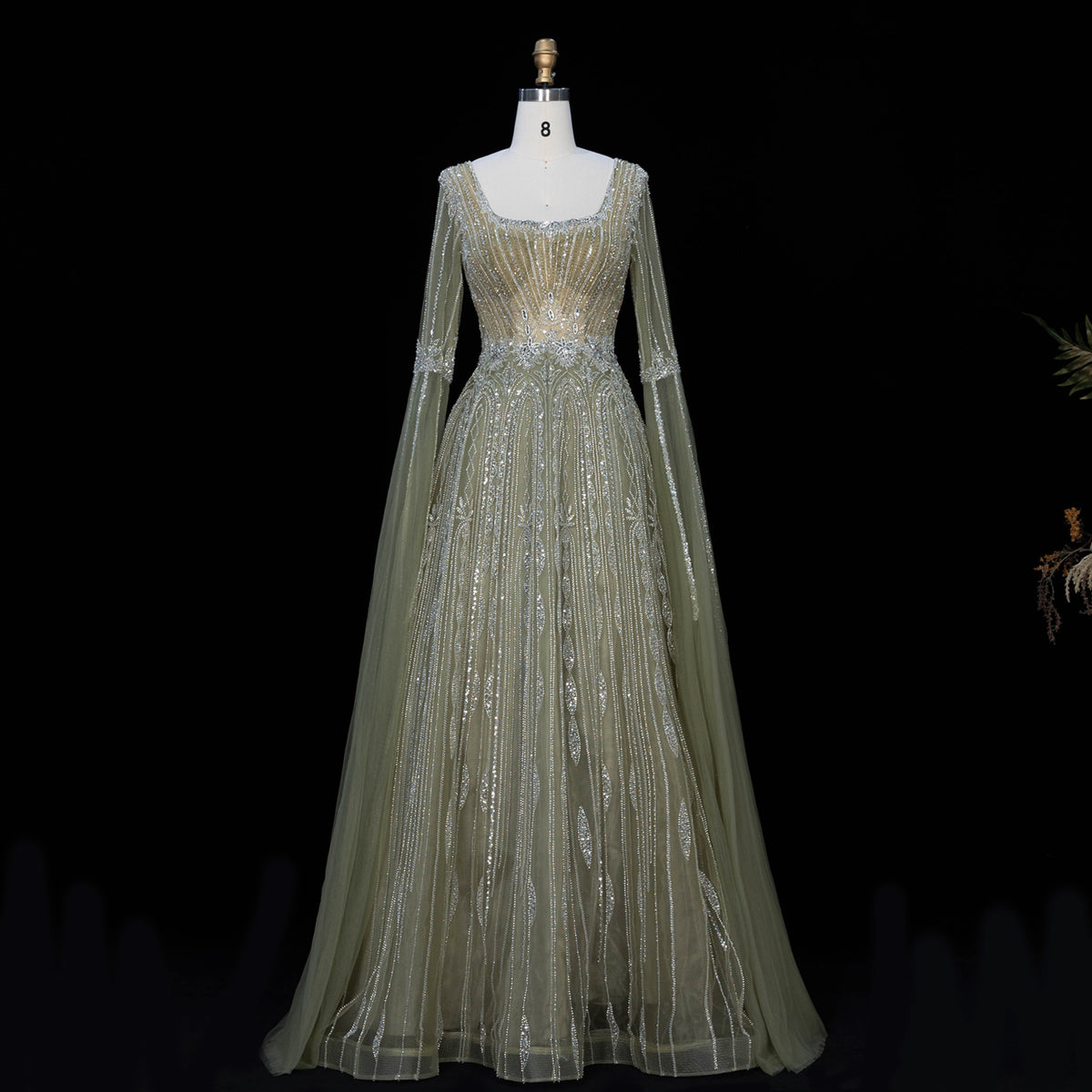 Vintage Square Beaded Sequined A-Line Evening Dress with Floor-Length Sleeves SS065