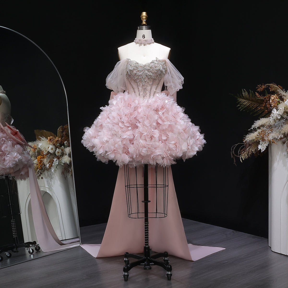 Luxury Pink Off Shoulder Puff Bow Evening Dress