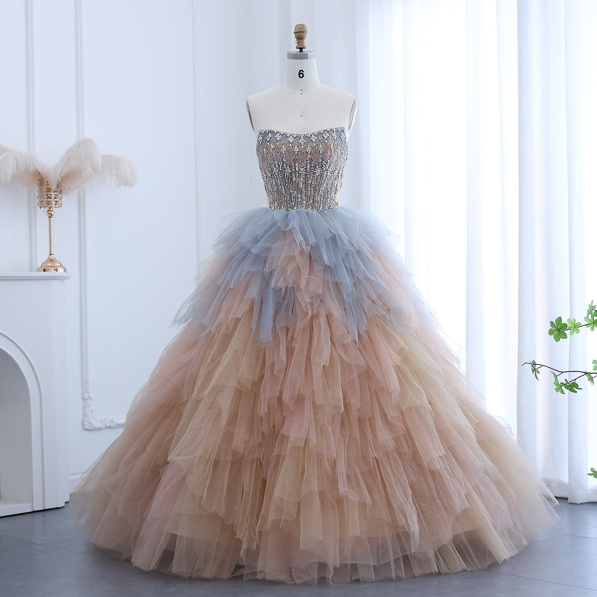 Luxury Beaded Rose Gold Blue Ruffles Princess Ball Gown Evening Dress SS731