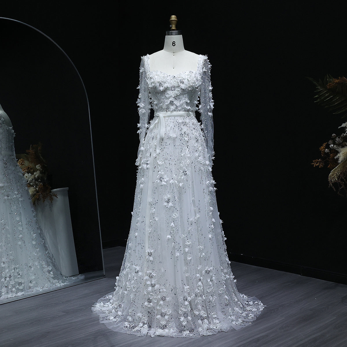 Luxury 3D Flower Gray Long Sleeves A-Line Evening Dress SS353