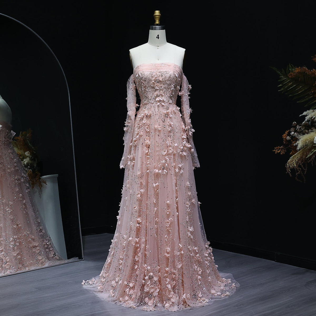 Elegant Pink 3D Flowers Evening Dress with Long Sleeves SS344