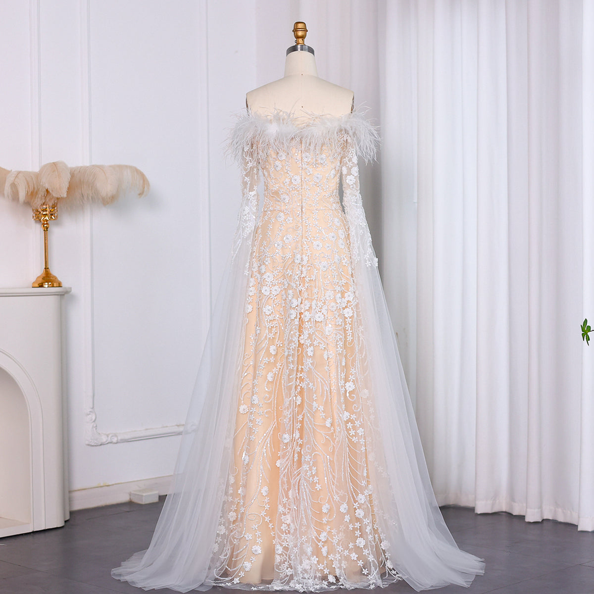 Off Shoulder Feathers Brown Evening Dress with Cape Sleeves SS707