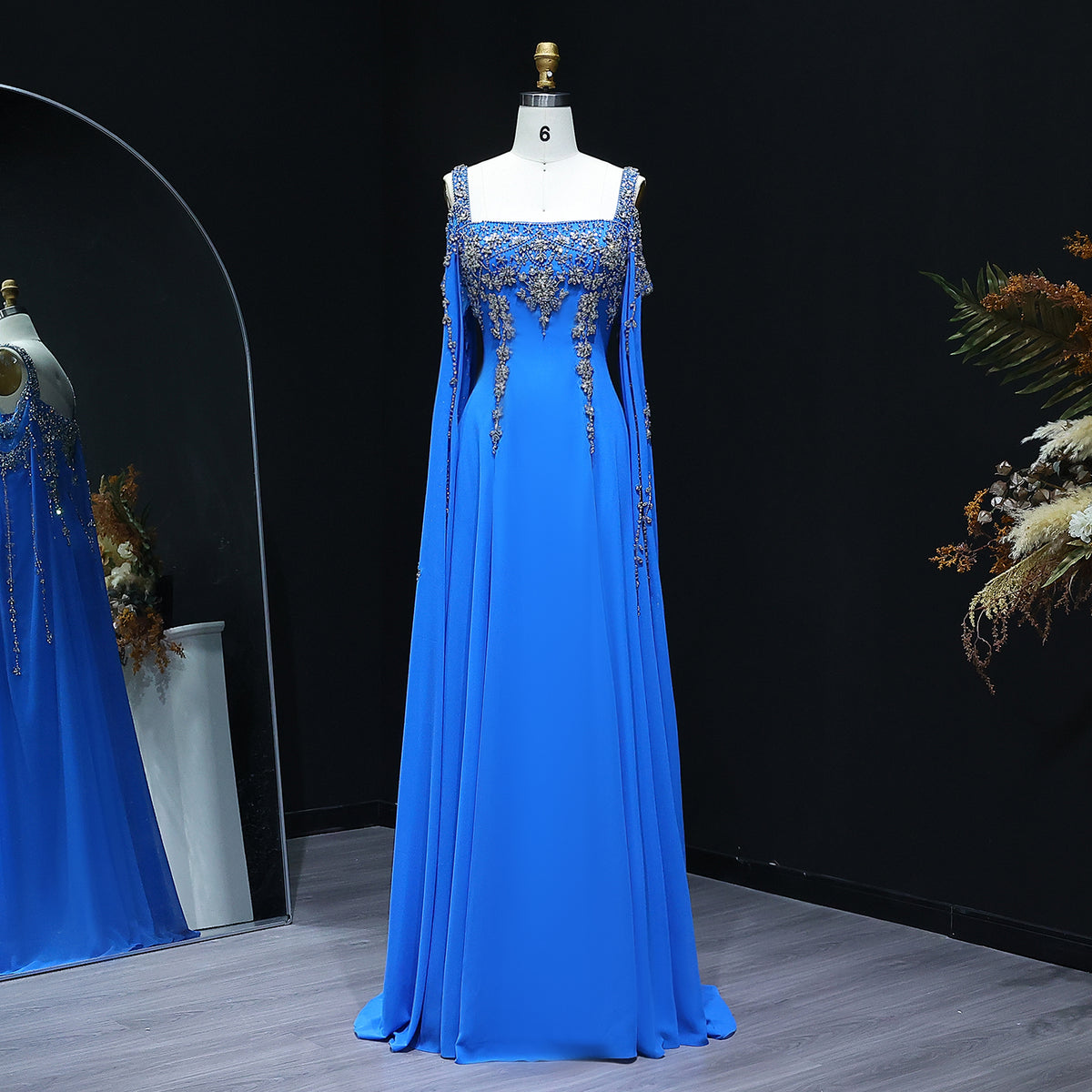 Luxury Crystal Royal Blue Evening Dress with Cape Sleeve SS305