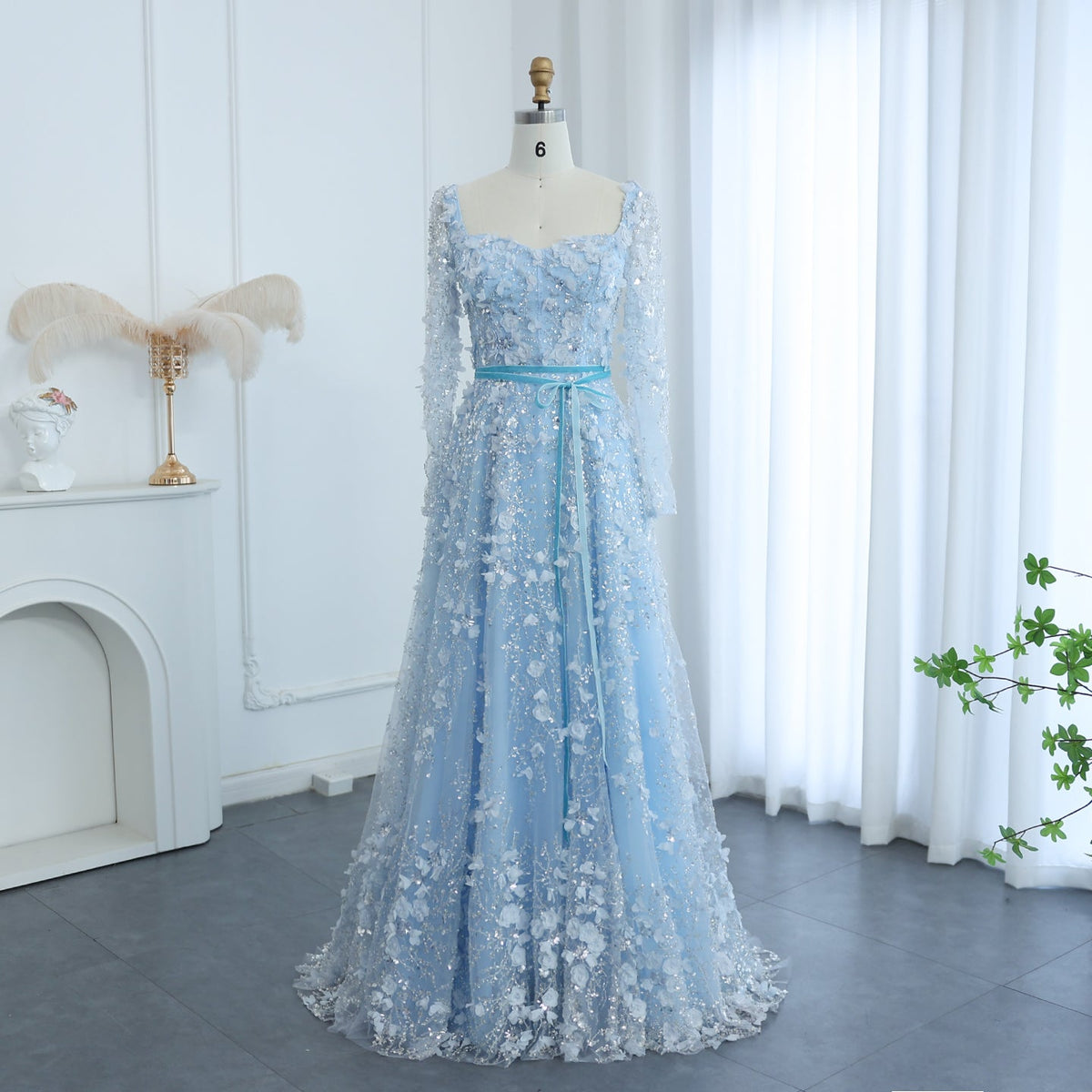 Luxury 3D Flower Gray Long Sleeves A-Line Evening Dress SS353