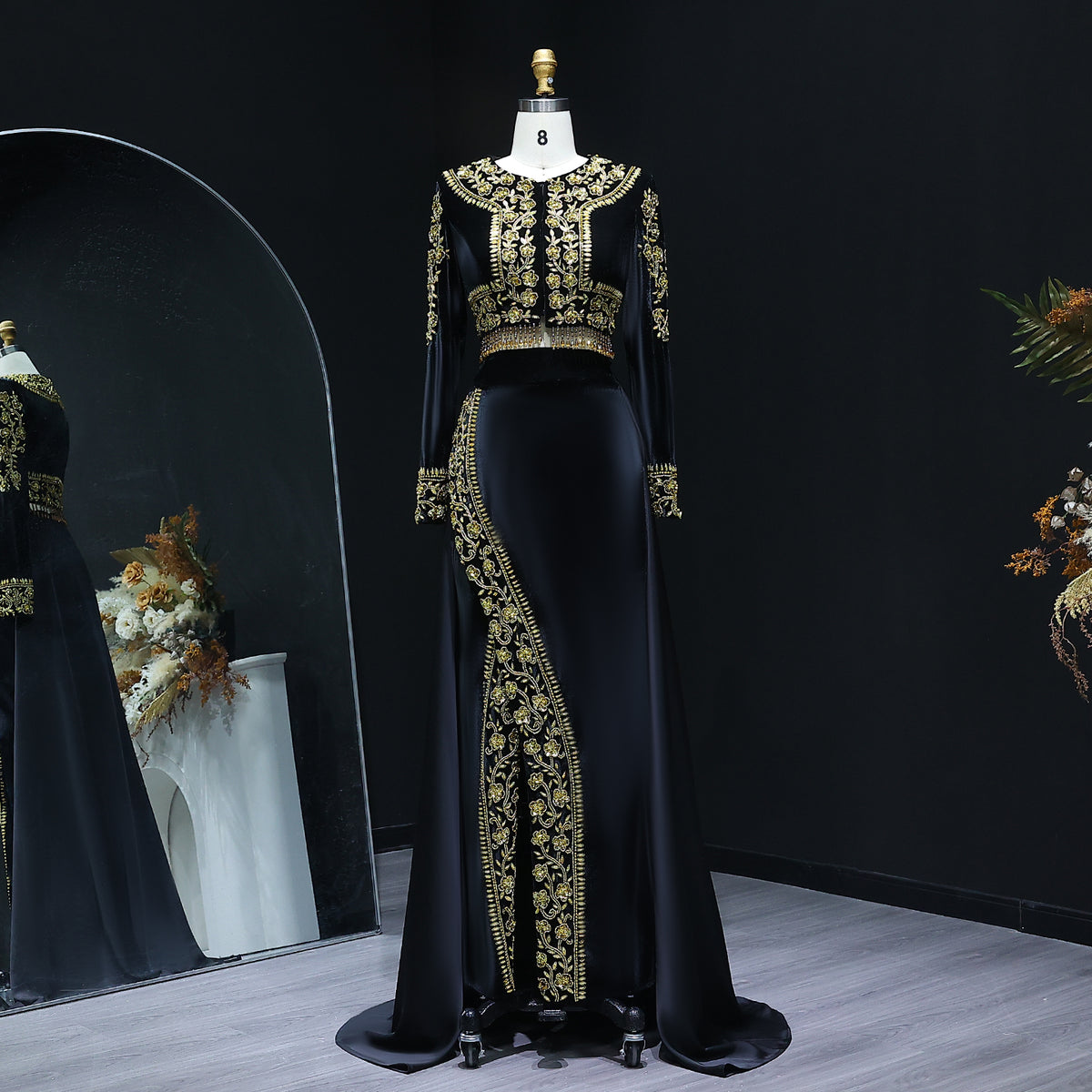 Black Gold Embroidered High Slit Velvet Evening Dress