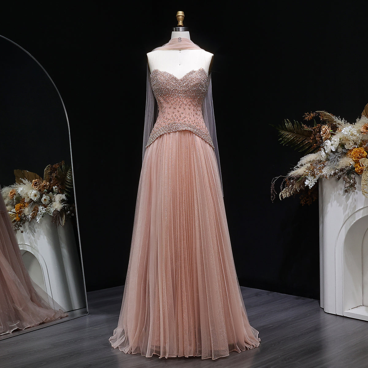 Elegant Sage Green Strapless Beaded A-Line Evening Dress with Scarf SS299
