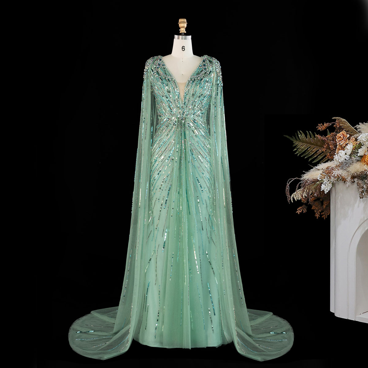 Luxury Crystal Sage Green V-Neck Evening Dresses with Cape SS399