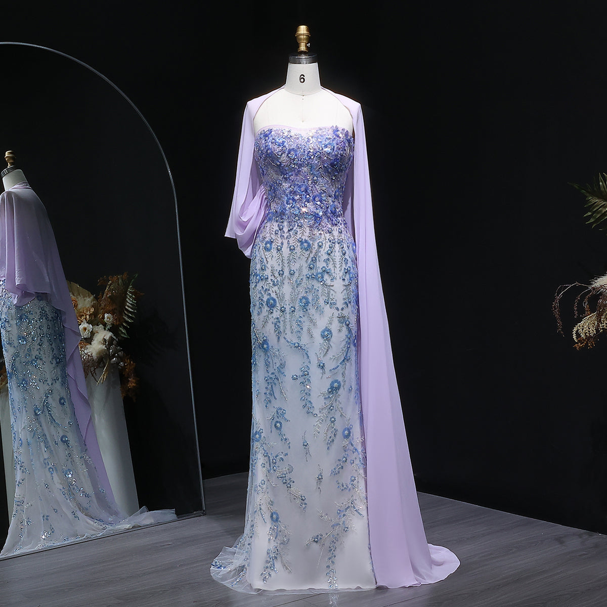 Luxury Lilac Strapless Cape Beaded Mermaid Evening Dress