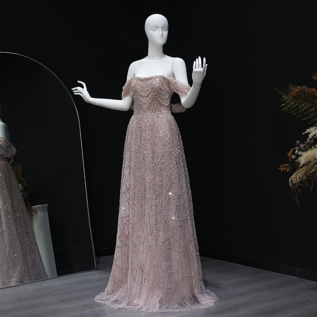 Luxury Beaded Champagne Off-Shoulder Evening Dress SS676