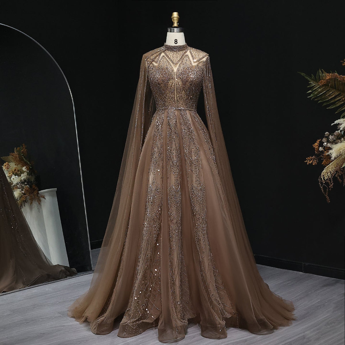Luxury Pink Evening Dress with Cape Sleeves SS050