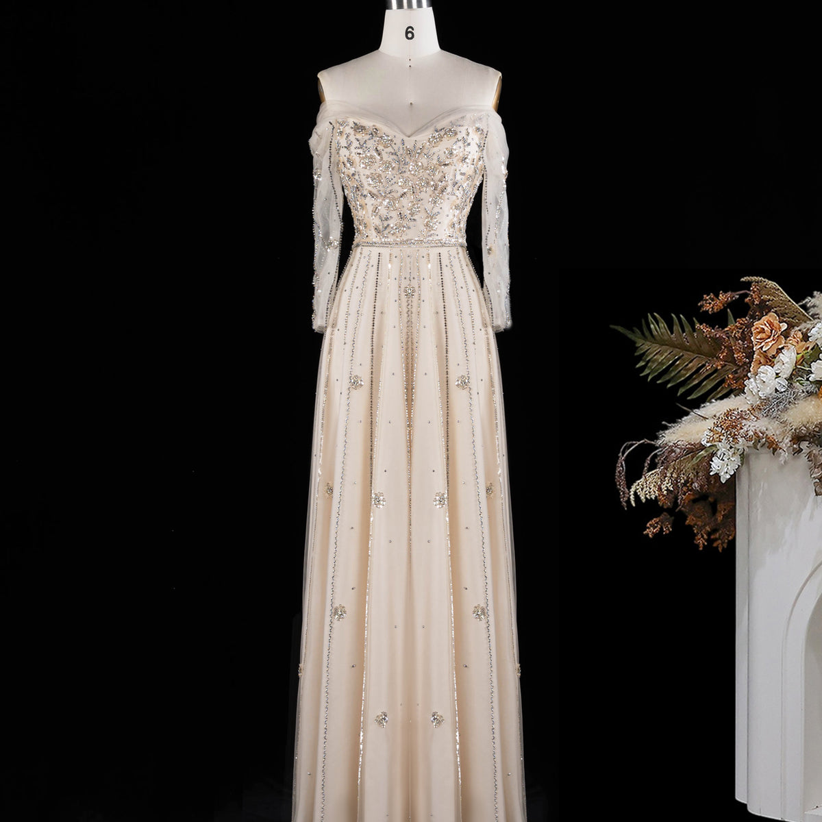 Beige V-Neck Beaded Sequin A-Line Evening Dress