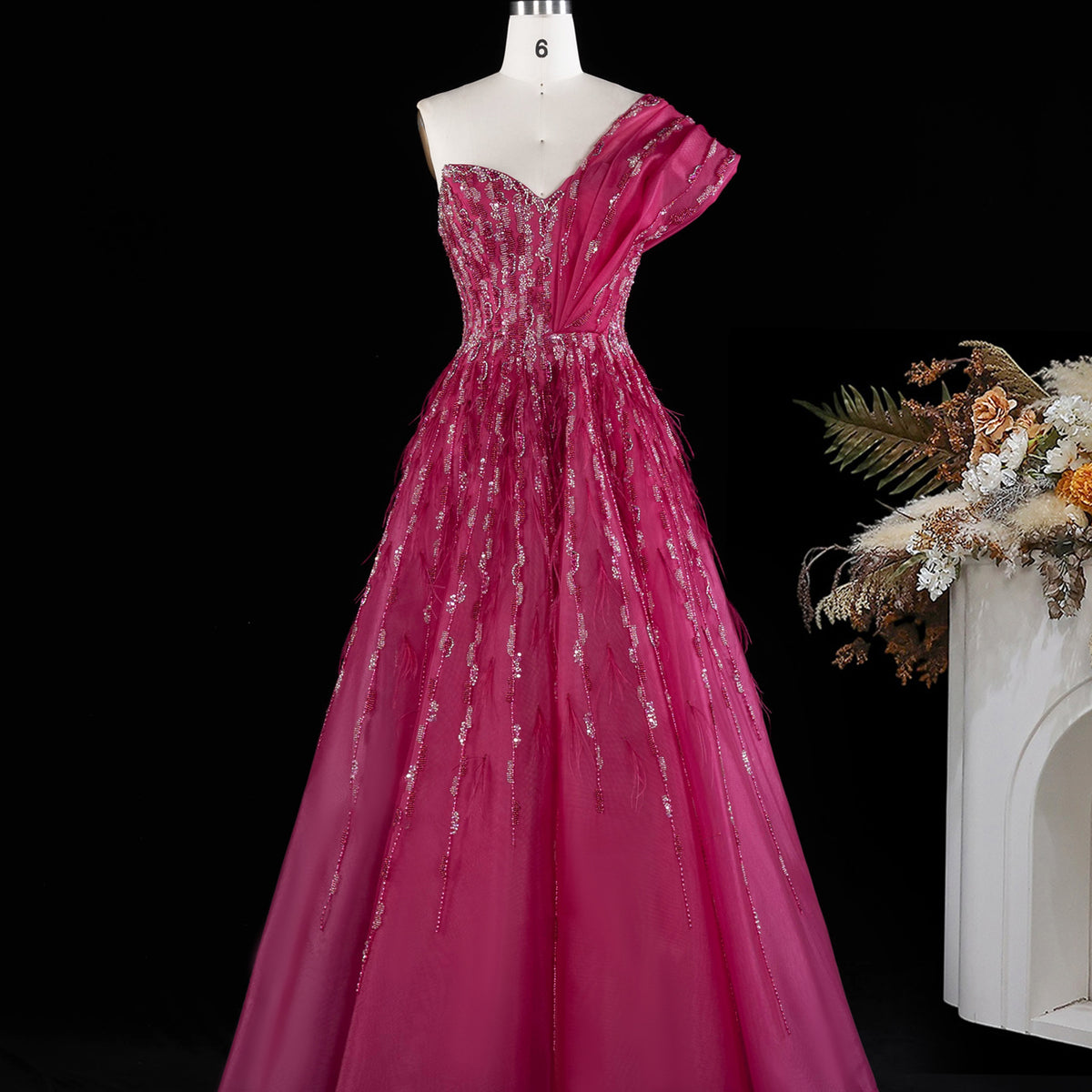 Luxury Fuchsia One Shoulder Beaded Feather Evening Dress