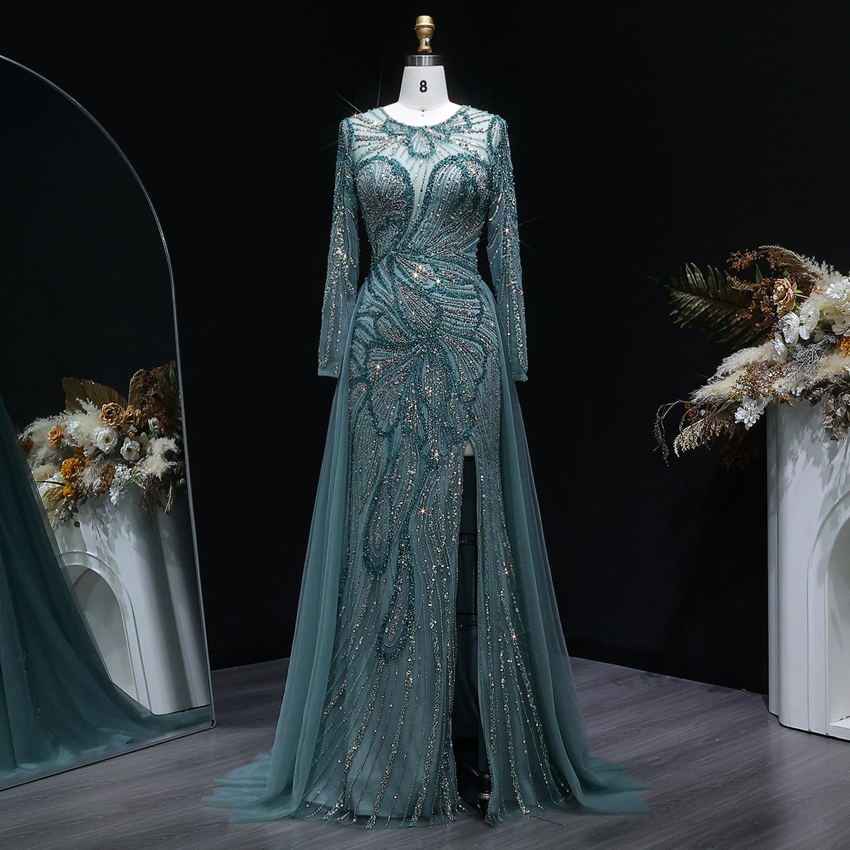 Glamorous Green Beaded High Slit Evening Dress with Overskirt SS160