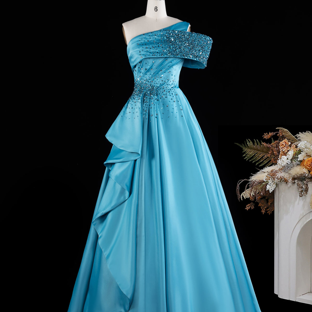 Exquisite Blue One Shoulder Sequin Satin Evening Dress
