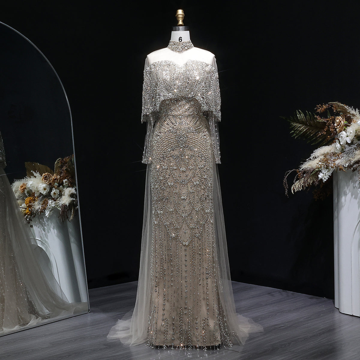 Gray Off Shoulder Beaded Evening Dress with Cape SS557