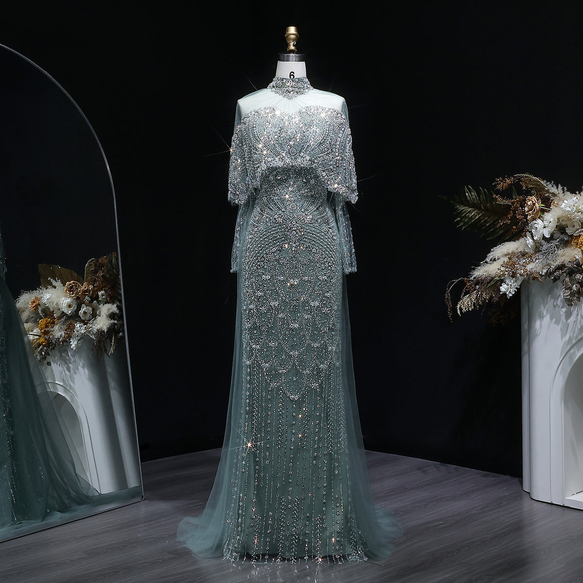 Gray Off Shoulder Beaded Evening Dress with Cape SS557