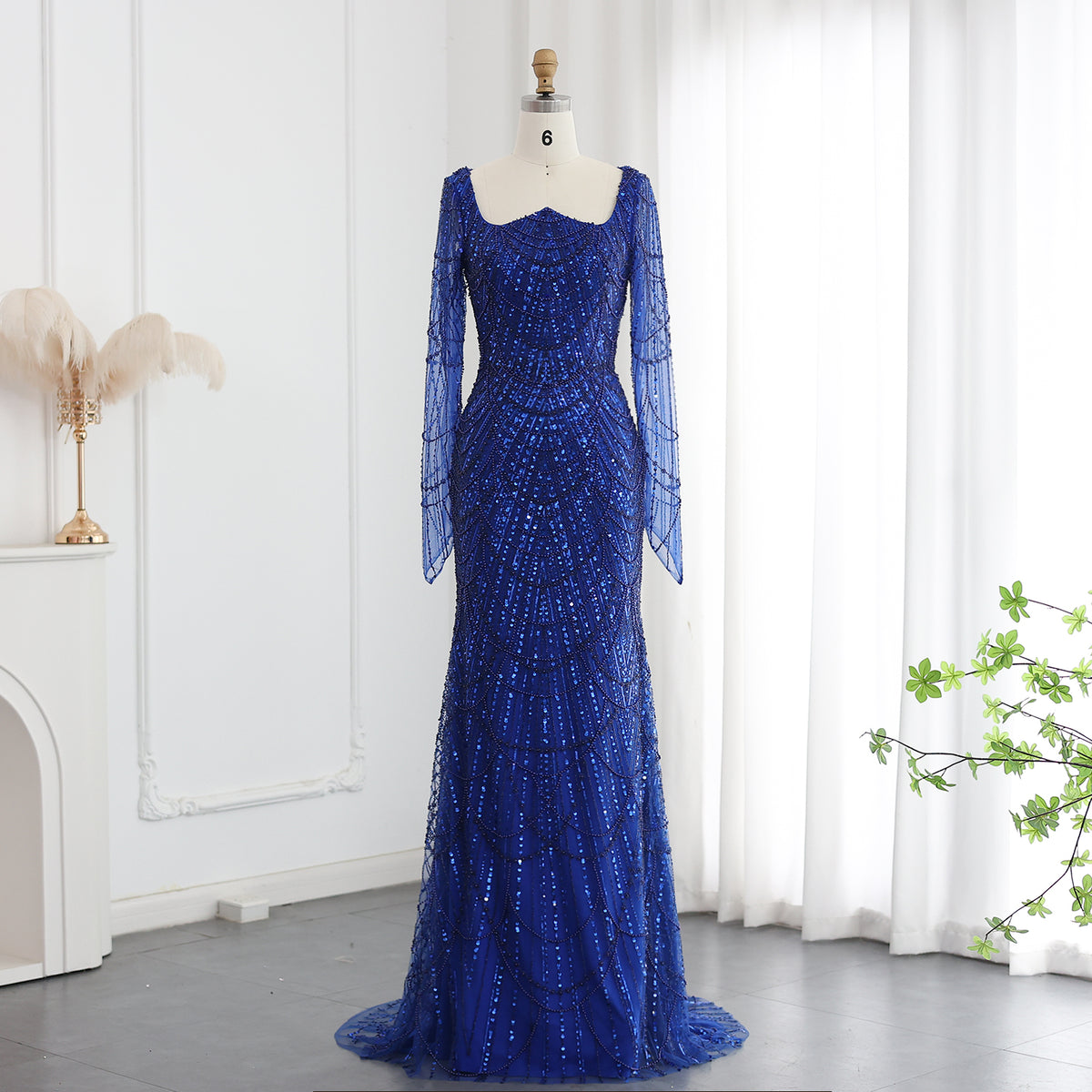 Luxury Black Square Neck Beaded Sequin Evening Dress