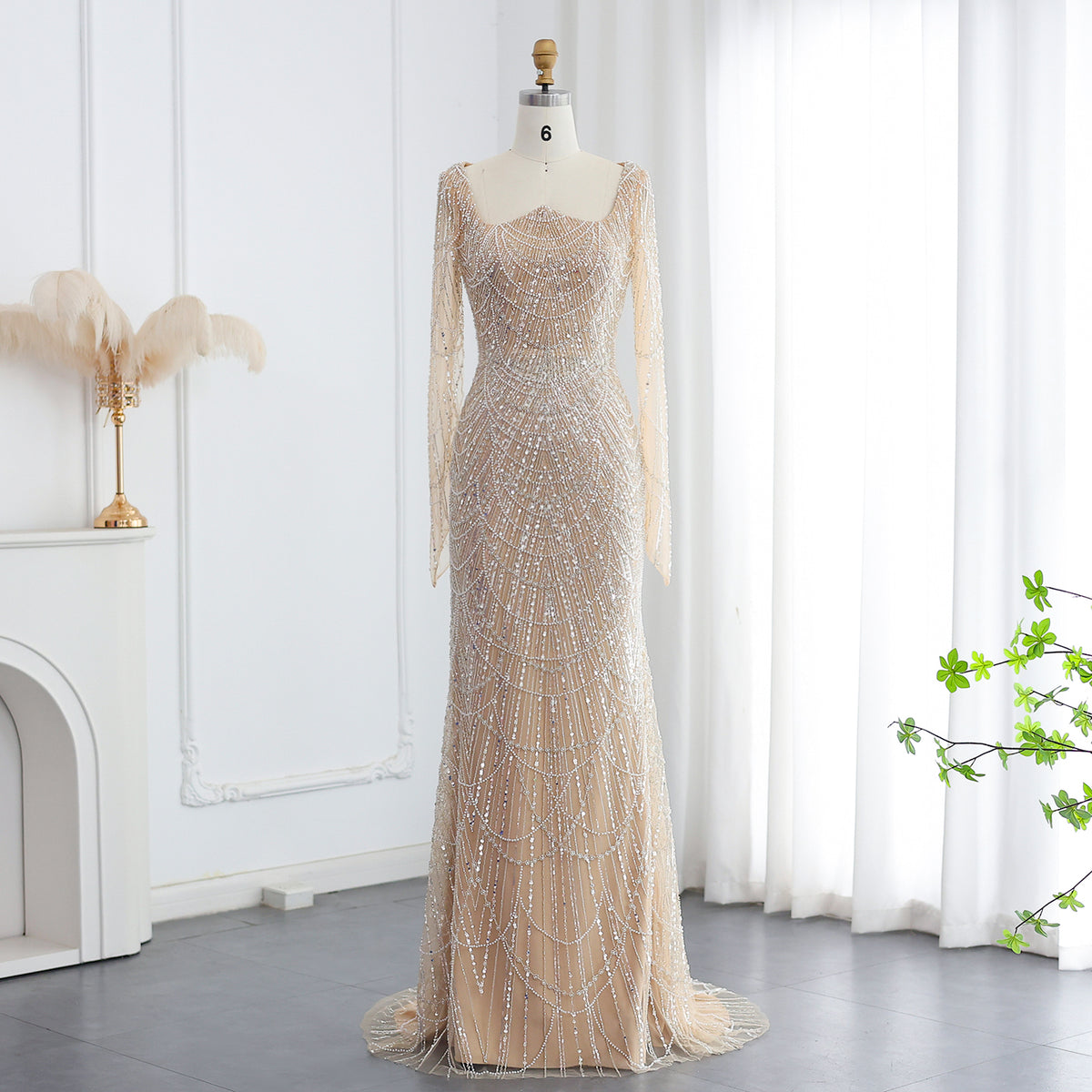 Luxury Black Square Neck Beaded Sequin Evening Dress