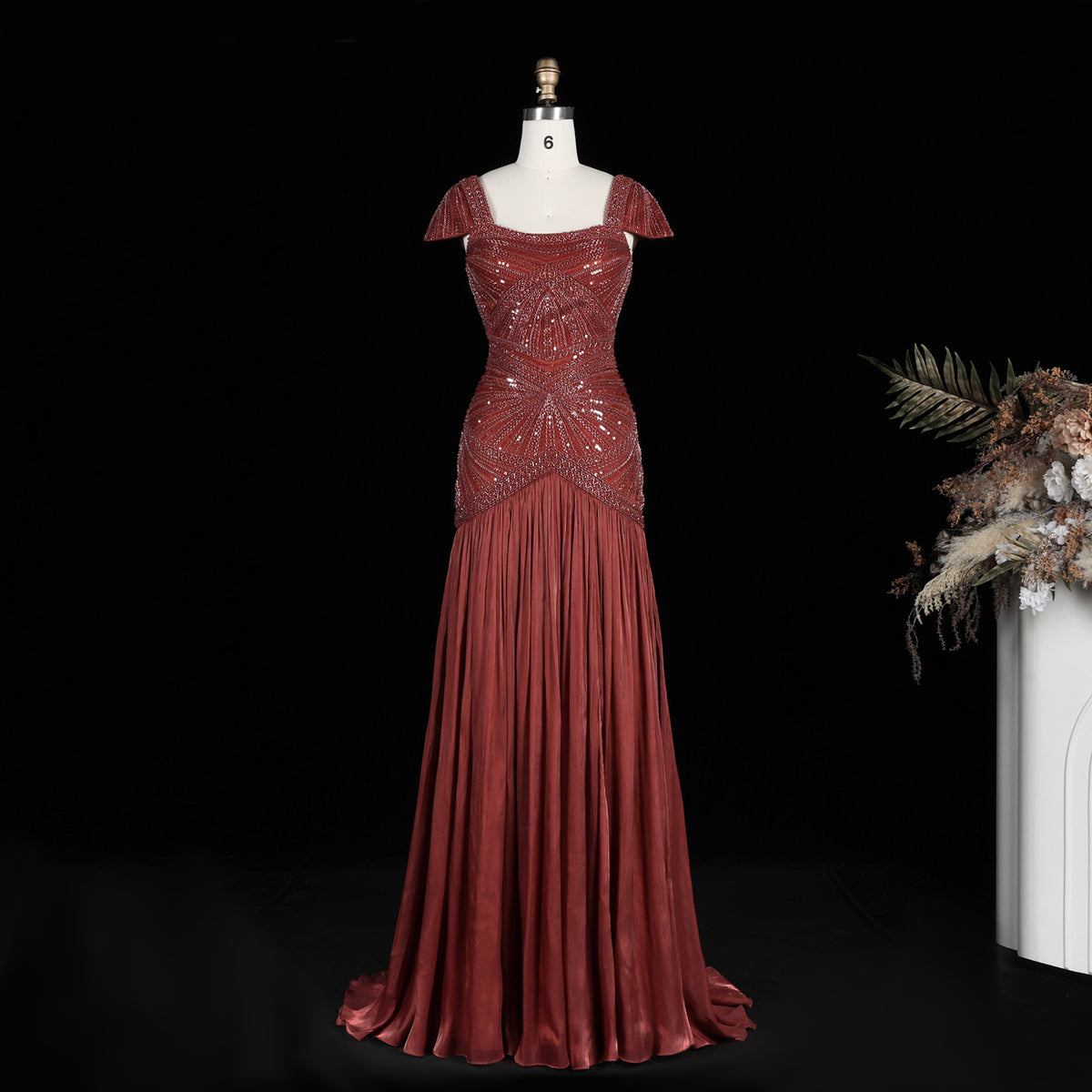 Pink Mermaid Beaded Pleated Evening Dress with Detachable Cape Sleeve SS325