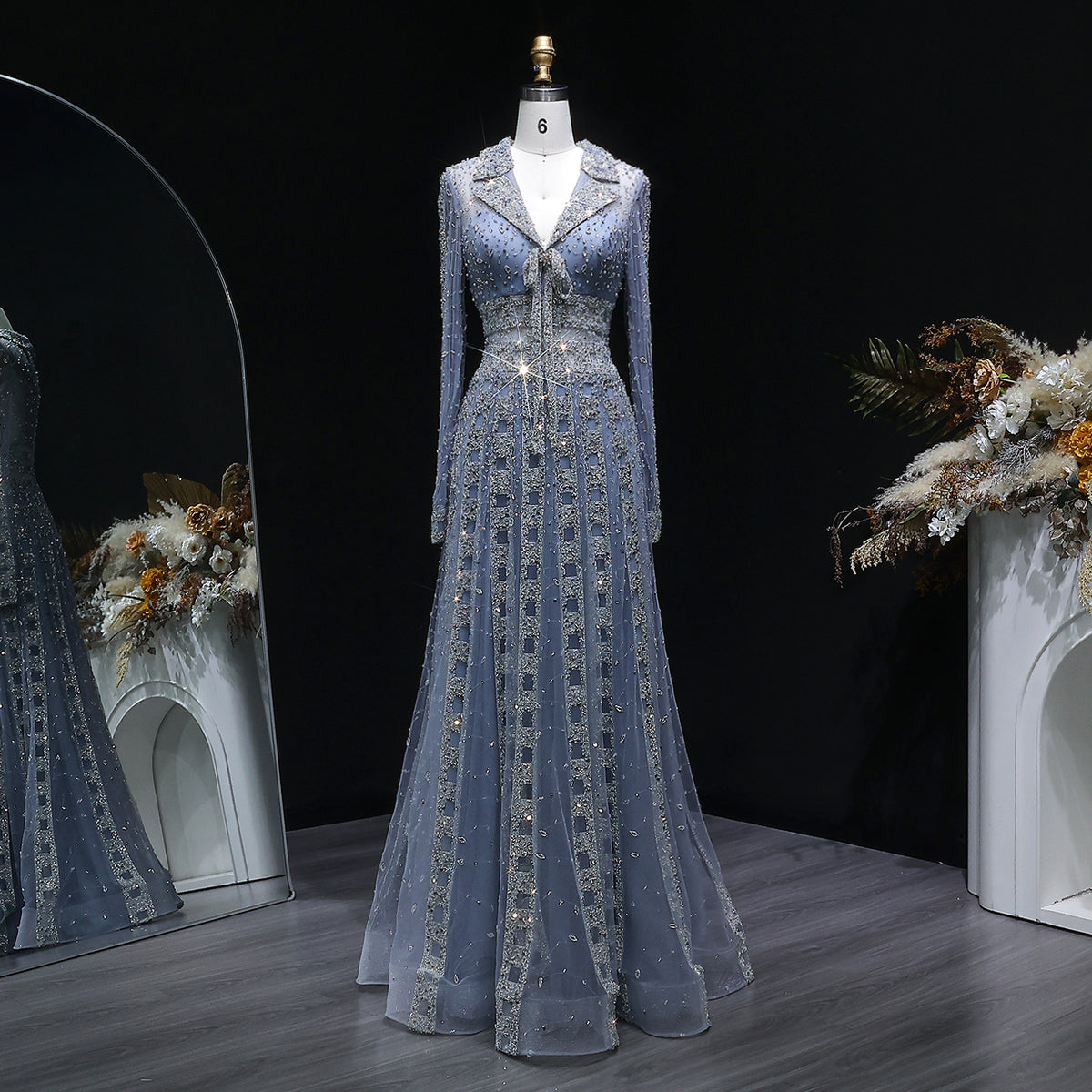Elegant Champagne Notched Collar Beaded Long Sleeve Evening Dress SS419