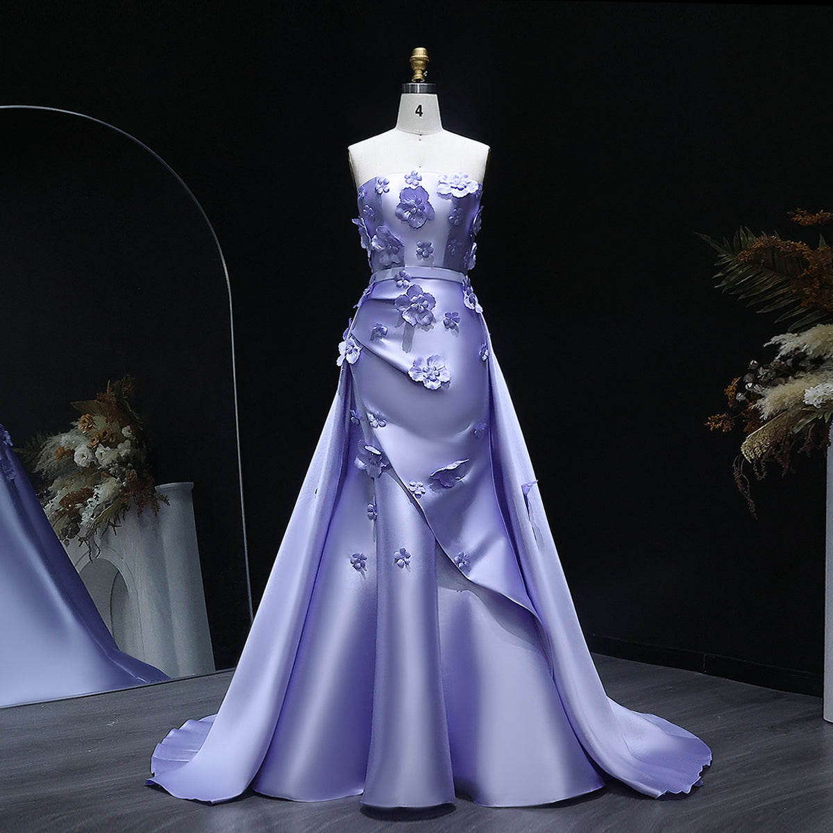 Luxury Blue Strapless 3D Flower Satin Evening Dress