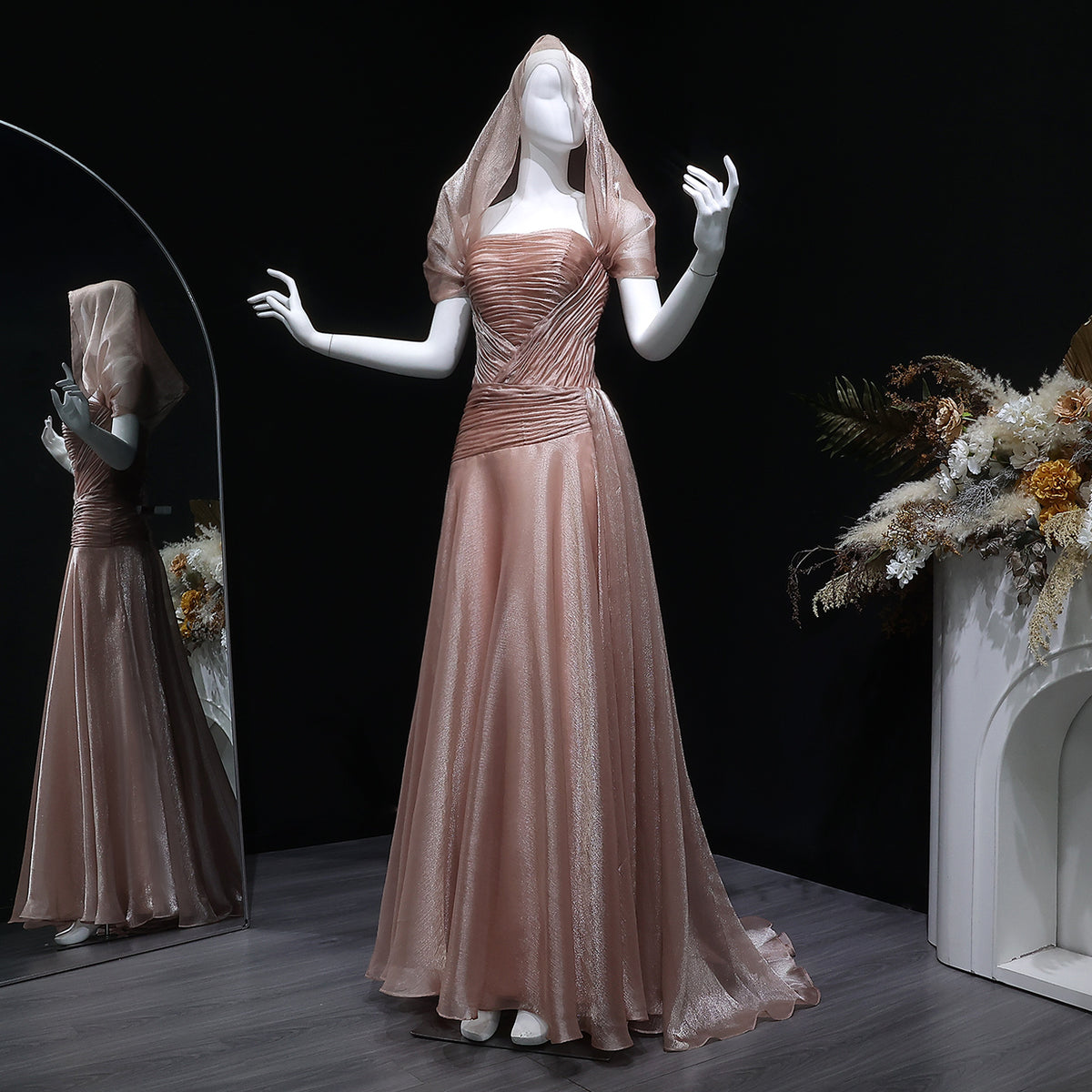 Elegant Champagne Strapless Evening Dress with Scarf and Overskirt SF045
